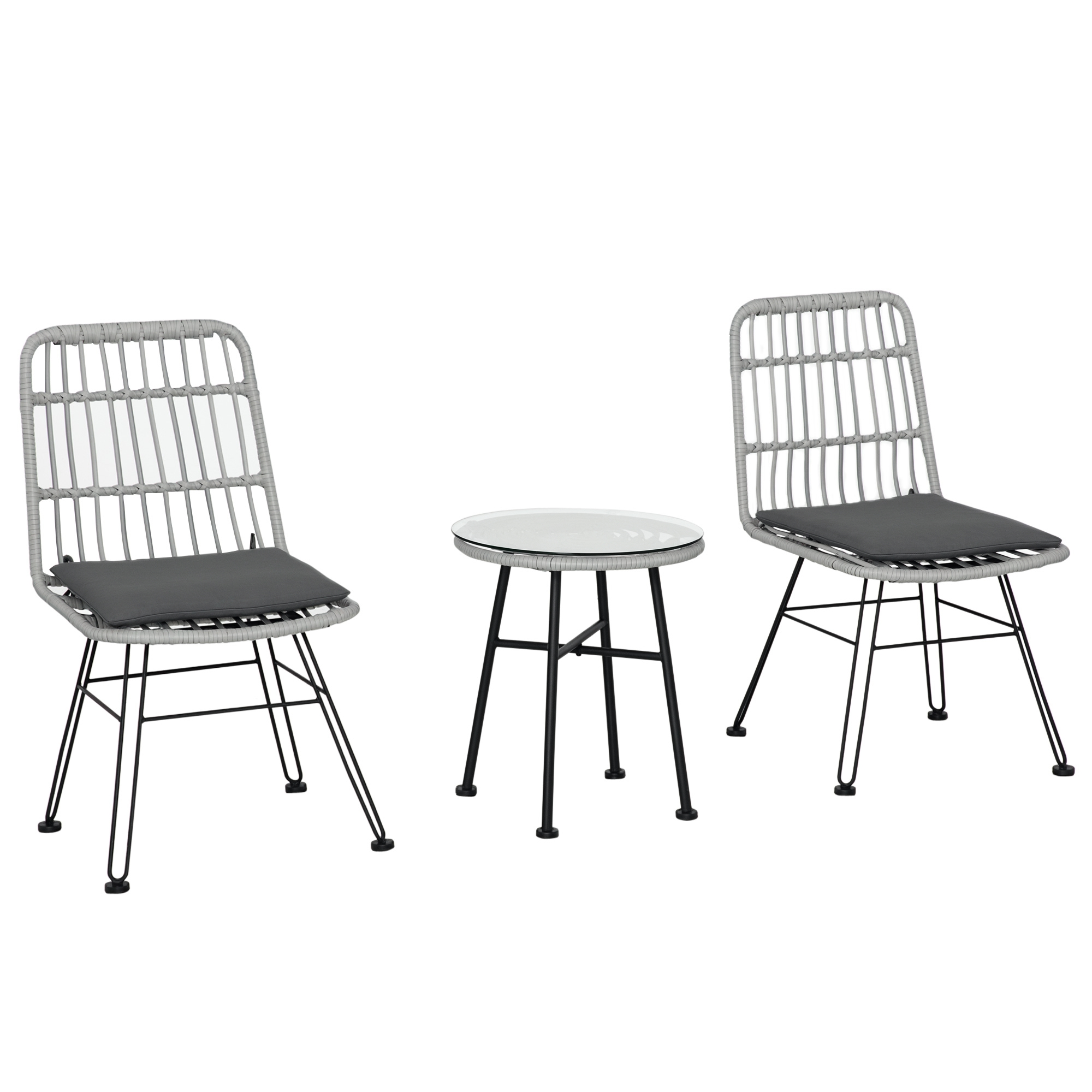 Outsunny Set Tavolino e Sedie da Giardino 3 Pezzi in Rattan PE e Acciaio, Design Moderno per Esterni e Bistrò - Grigio Aosom