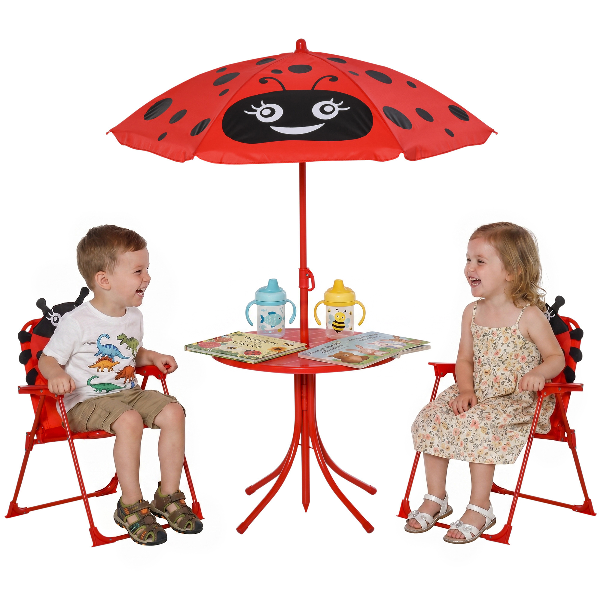 Outsunny Set Tavolo da Giardino con 2 Sedie Pieghevoli e Ombrellone per Bambini in Metallo e Poliestere, Rosso Aosom Outsunny Set Tavolo da Giardino con 2 Sedie Pieghevoli e Ombrellone per Bambini in Metallo e Poliestere, Rosso Aosom