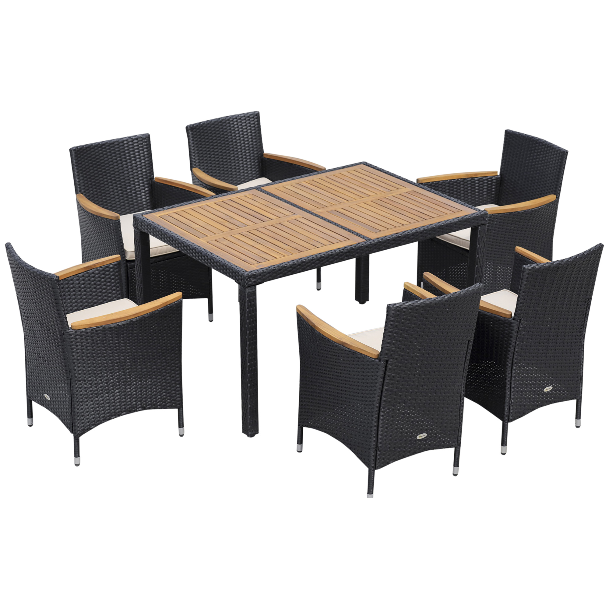 Outsunny Set Tavolo e Sedie da Giardino 7 Pezzi in PE Rattan e Legno, Mobili da Esterni con Cuscini Morbidi, Nero Aosom Outsunny Set Tavolo e Sedie da Giardino 7 Pezzi in PE Rattan e Legno, Mobili da Esterni con Cuscini Morbidi, Nero Aosom
