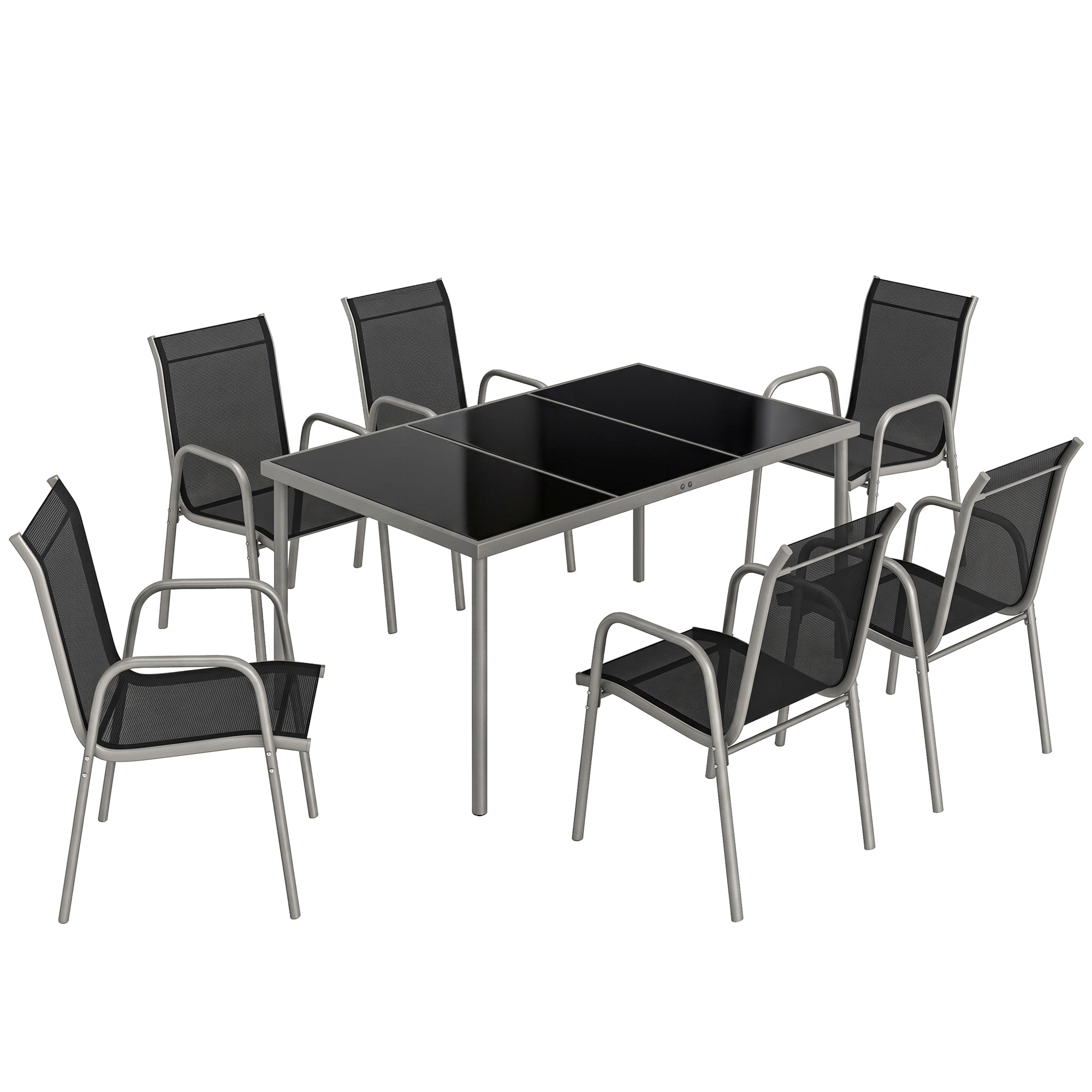 Outsunny Set tavolo e sedie da giardino da 7 pezzi con 6 Sedie Impilabili e Tavolino da Caffèm, Nero e Argento Aosom Italy