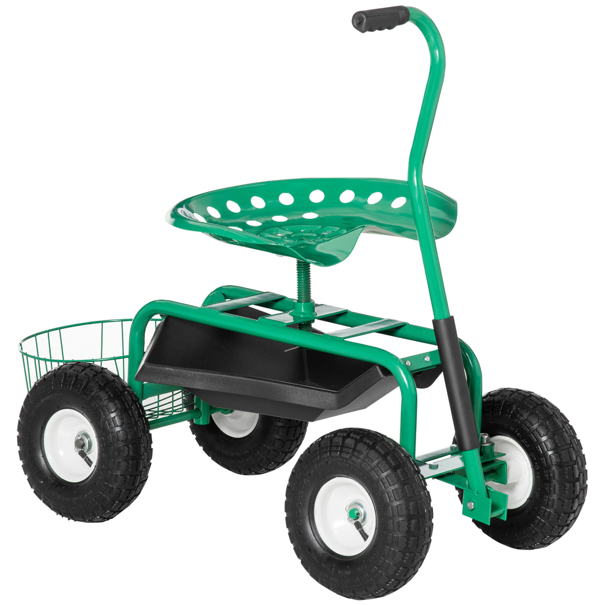 Outsunny Sgabello con ruote 360° girevole altezza regolabile Carrello da giardino con ripiano Ruote Manico Sedile da giardino mobile Sedile da lavoro Sgabello da giardino fino a 150 kg Carrello rotante in metallo per giardinaggio Verde Aosom Italy