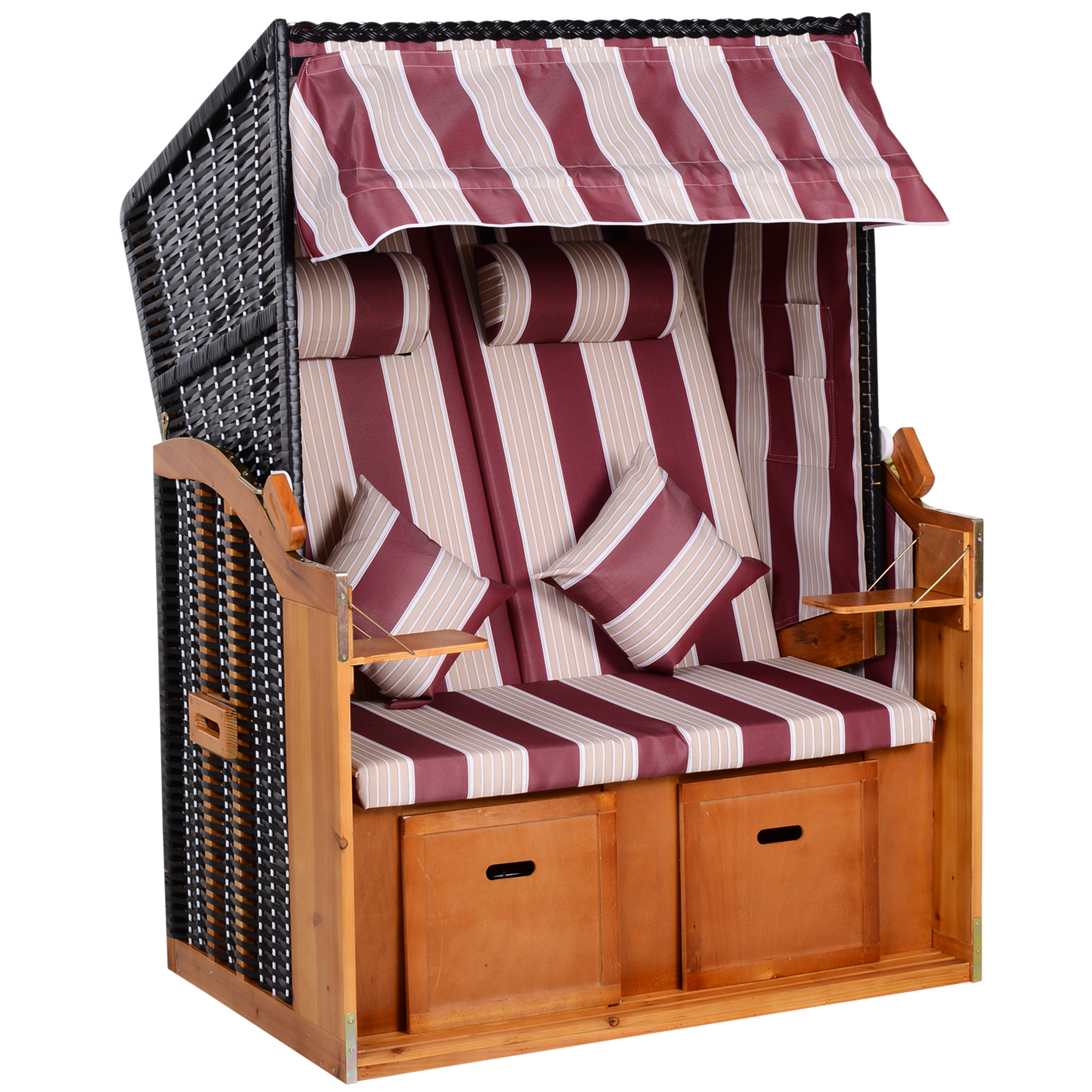 Outsunny Strandkorb Ostsee Volllieger 2 Posti Sedie da Spiaggia in Legno di Pino, Schienale Regolabile su 5 Livelli, Sedia da Spiaggia con Poggiapiedi e Tavolini Laterali, Intreccio PE, Sedia da Spiaggia per Balcone, Rosso+Bianco Aosom Italy