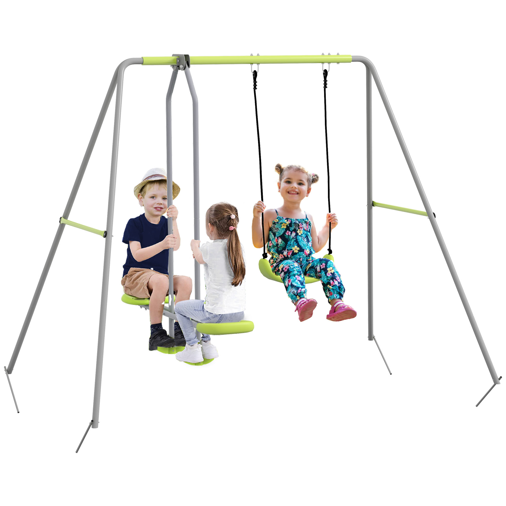 Outsunny Struttura altalena con 2 dispositivi, 1 altalena e sedile opposto 255 x 160 x 180 cm max. 135 kg Verde Grigio Aosom Italy