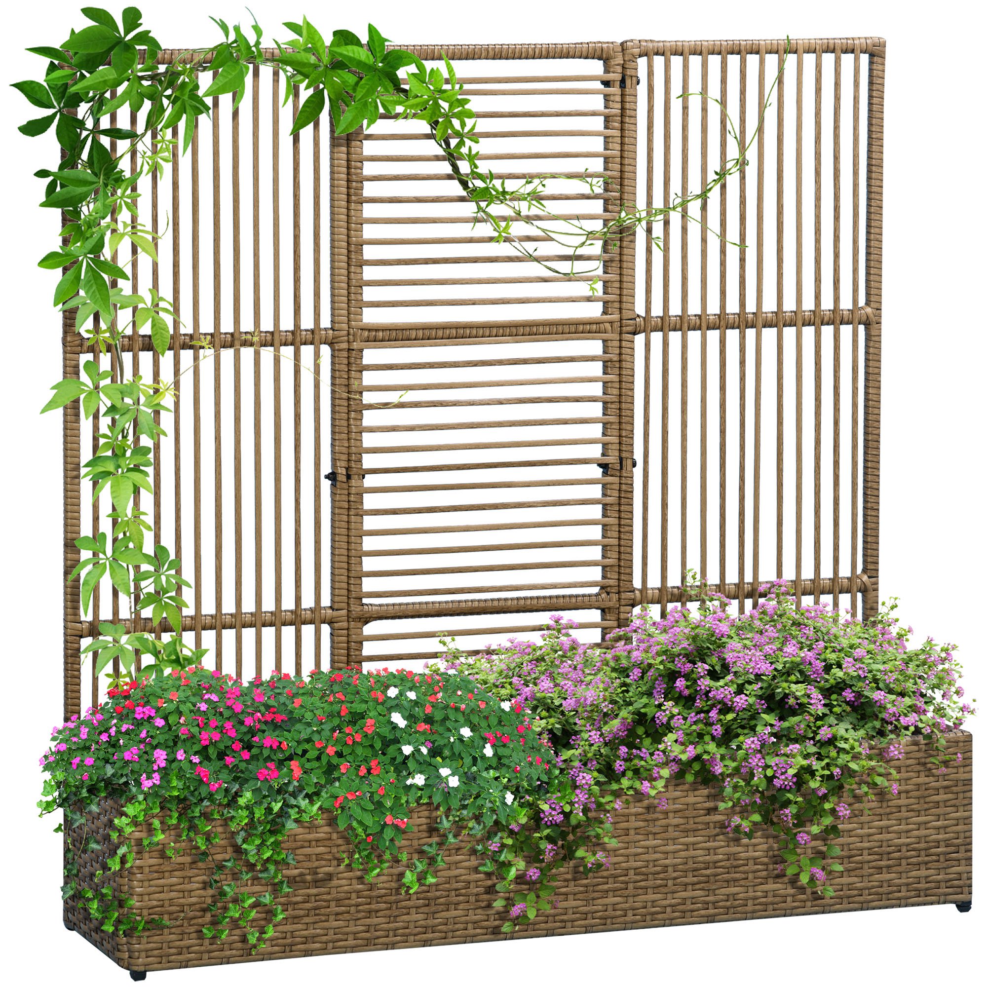Outsunny Supporto per piante con trellis vaso rettangolare inferiore in resina intrecciata e acciaio dim. 103L x 29l x 103H cm Outsunny Supporto per piante con trellis vaso rettangolare inferiore in resina intrecciata e acciaio dim. 103L x 29l x 103H cm