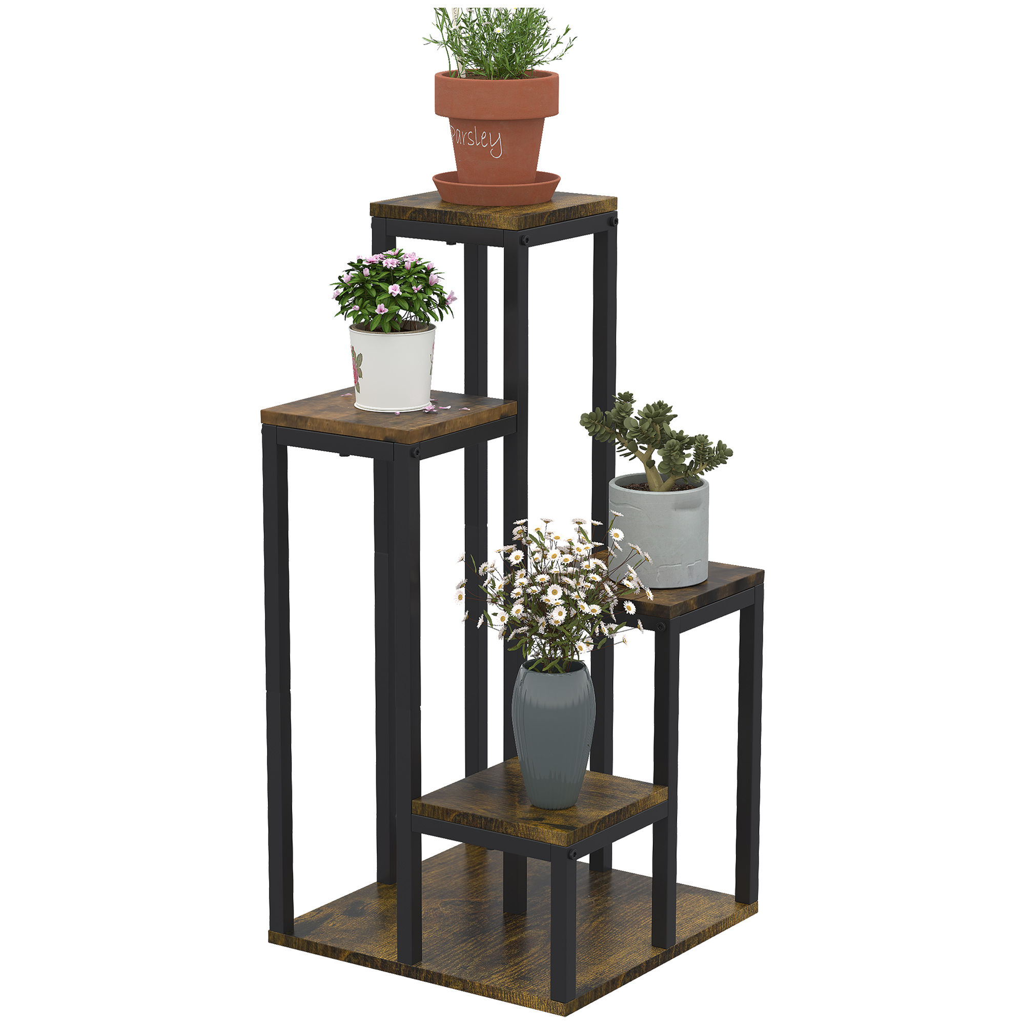 Outsunny Supporto per piante scaffale a fiori 4 ripiani diverse altezze struttura in acciaio 40 x 40 x 81 cm nero