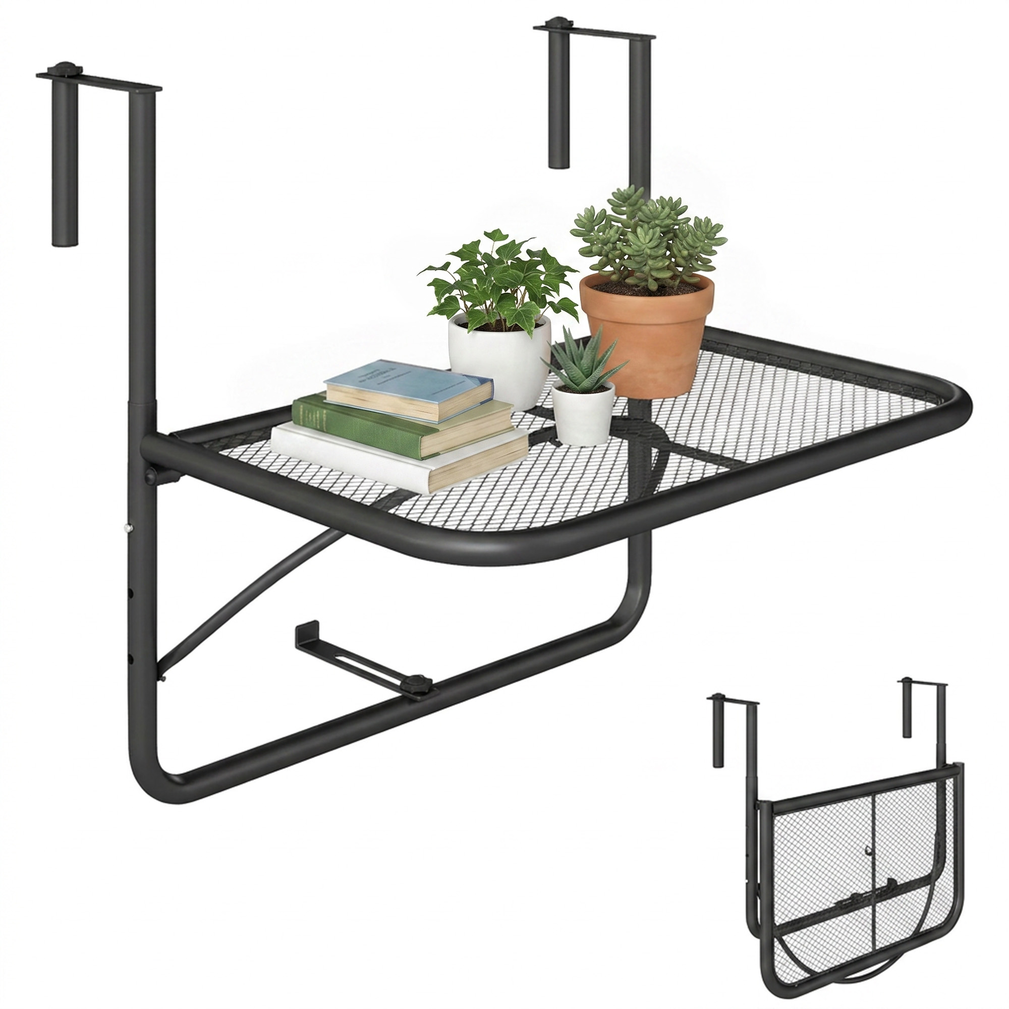 Outsunny Tavolino da Balcone Ringhiera Appeso Braccio con Ripiano Regolabile, Ferro, Nero 60 x 56.5 x 45 cm Aosom