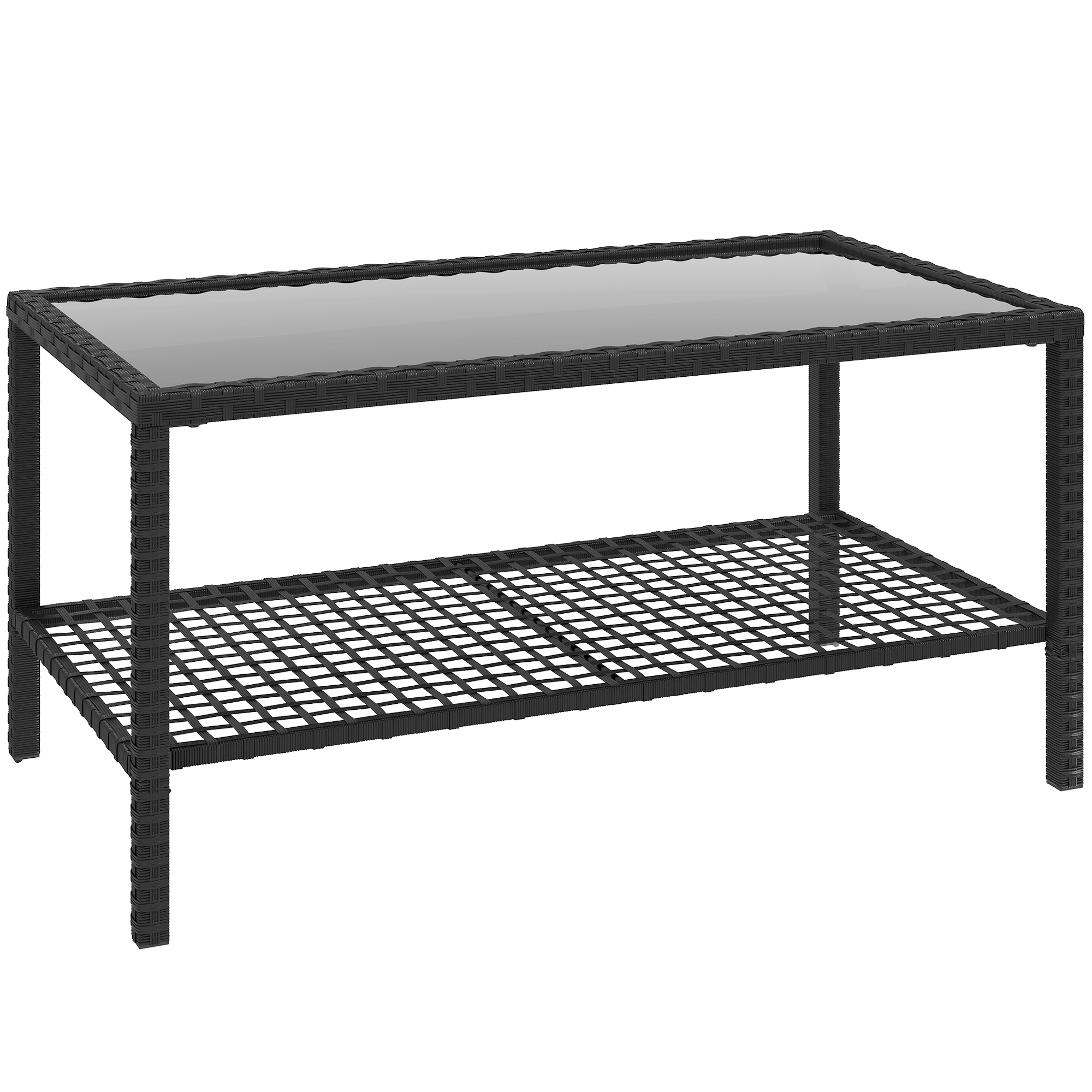 Outsunny Tavolino da Caffè a 2 livelli con Piano in Vetro Temperato e Ripiano, in Acciaio e Rattan, 92x50x45 cm, Nero Aosom Italy