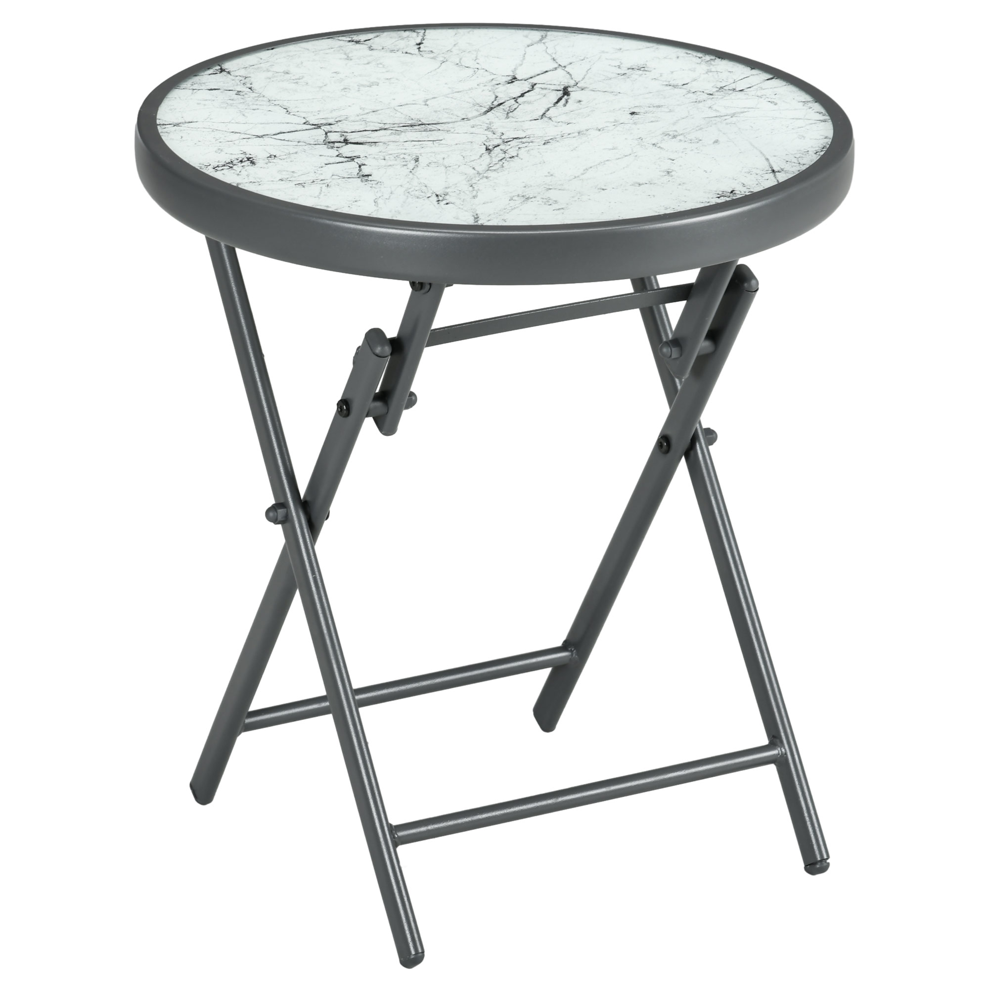 Outsunny Tavolino da Caffè per Giardino Pieghevole con Piano in Vetro Effetto Marmo, Ø45x50cm, Grigio Aosom