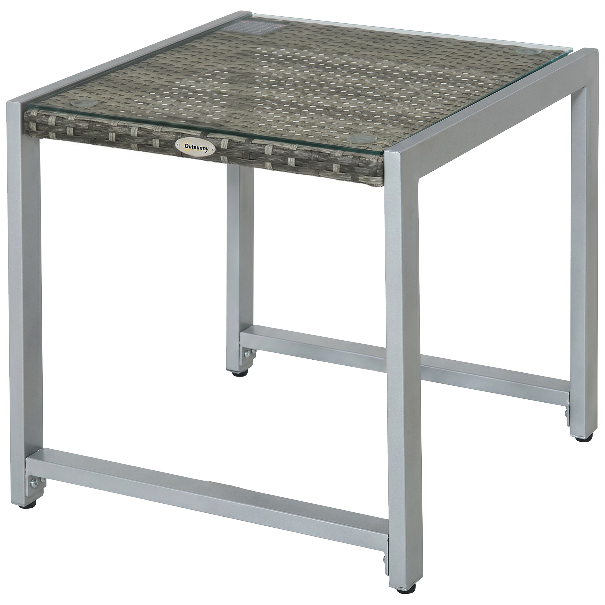 Outsunny Tavolino da Esterno con Struttura in Alluminio e PE Rattan e Piano in Vetro Grigio 50x50x50cm Aosom