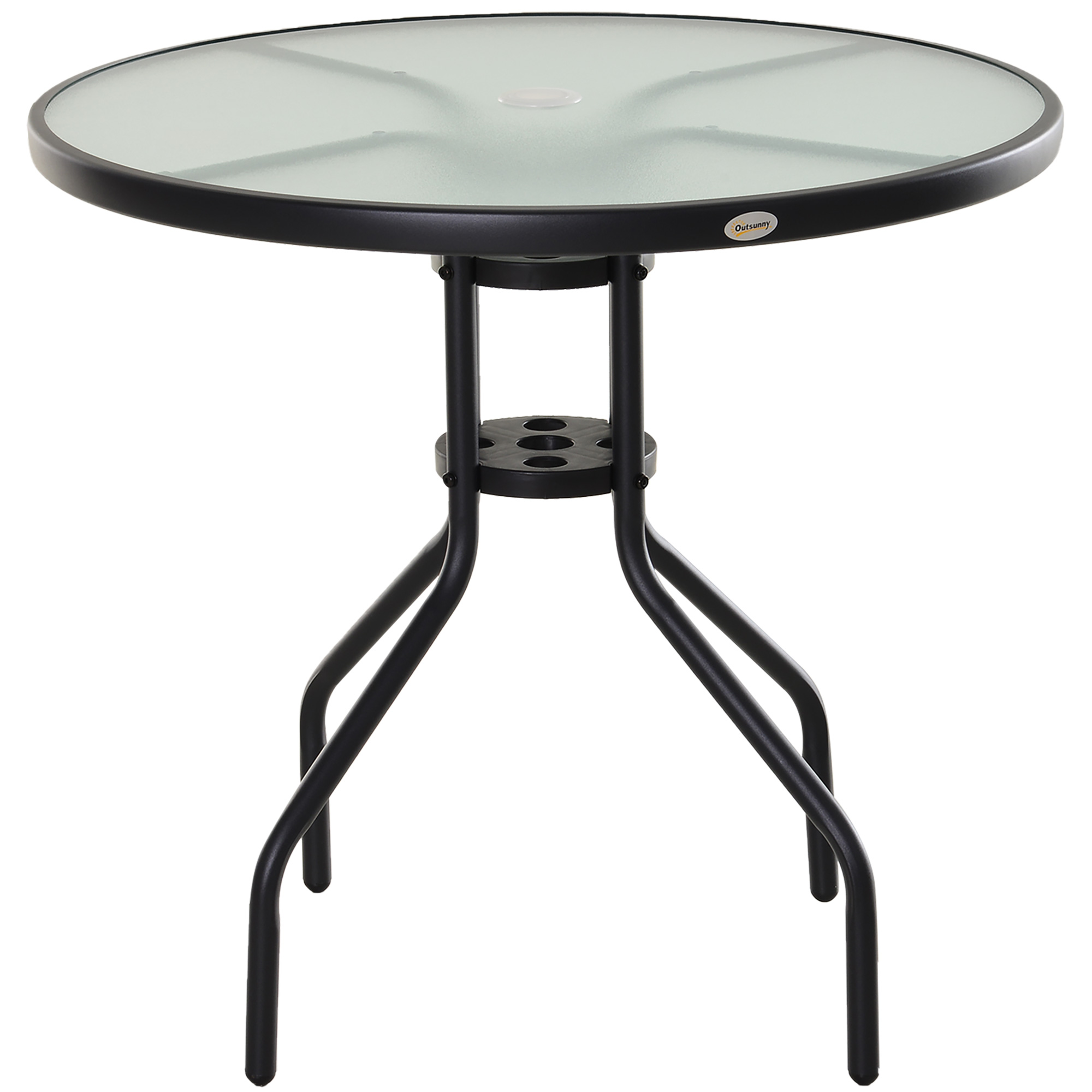 Outsunny Tavolino da Giardino Elegante, Piano in Vetro Temperato, Foro per Ombrellone, Acciaio, Ф80x72cm, Nero. Aosom