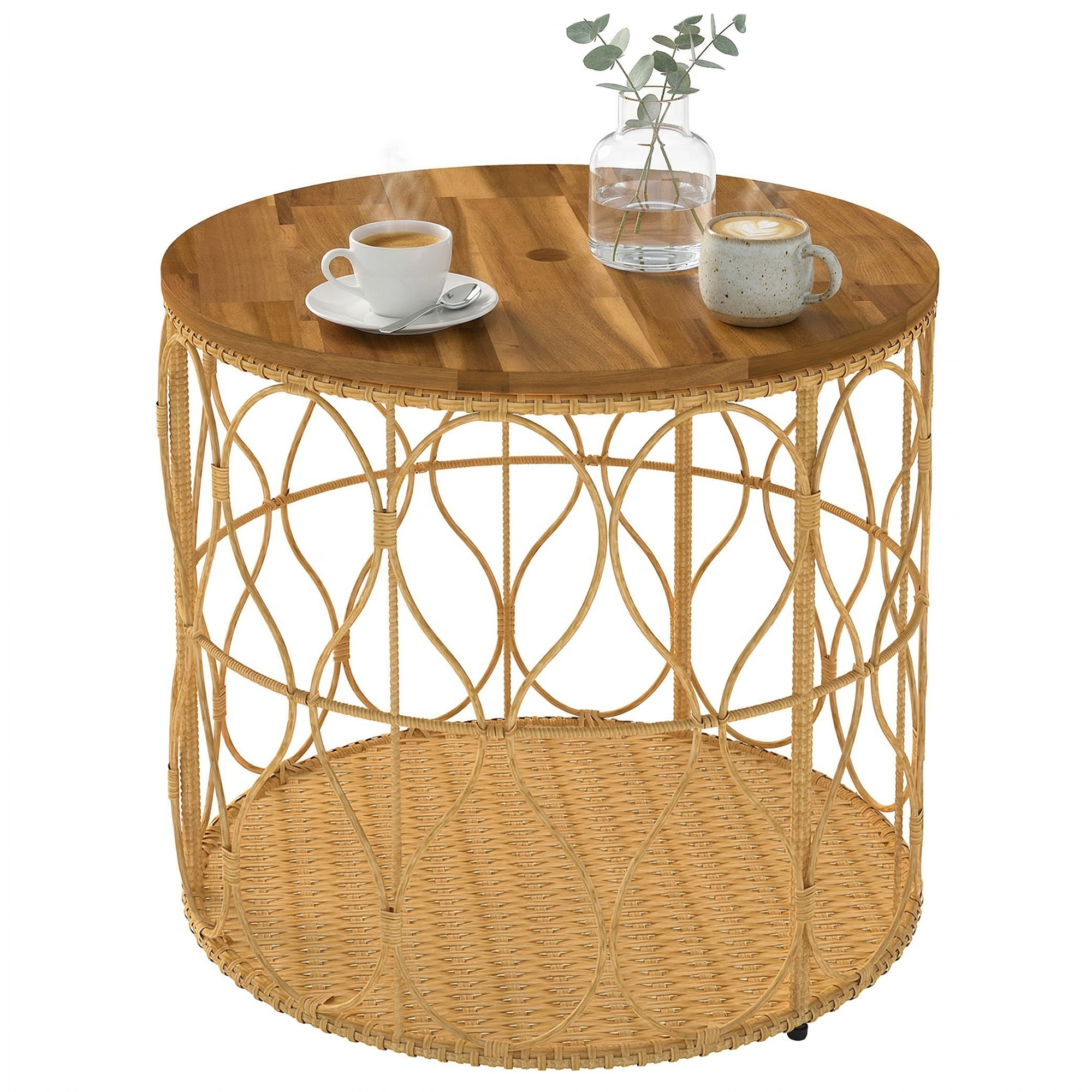 Outsunny Tavolino laterale Ø50 cm effetto rattan con piano acacia, Teak Aosom Italy