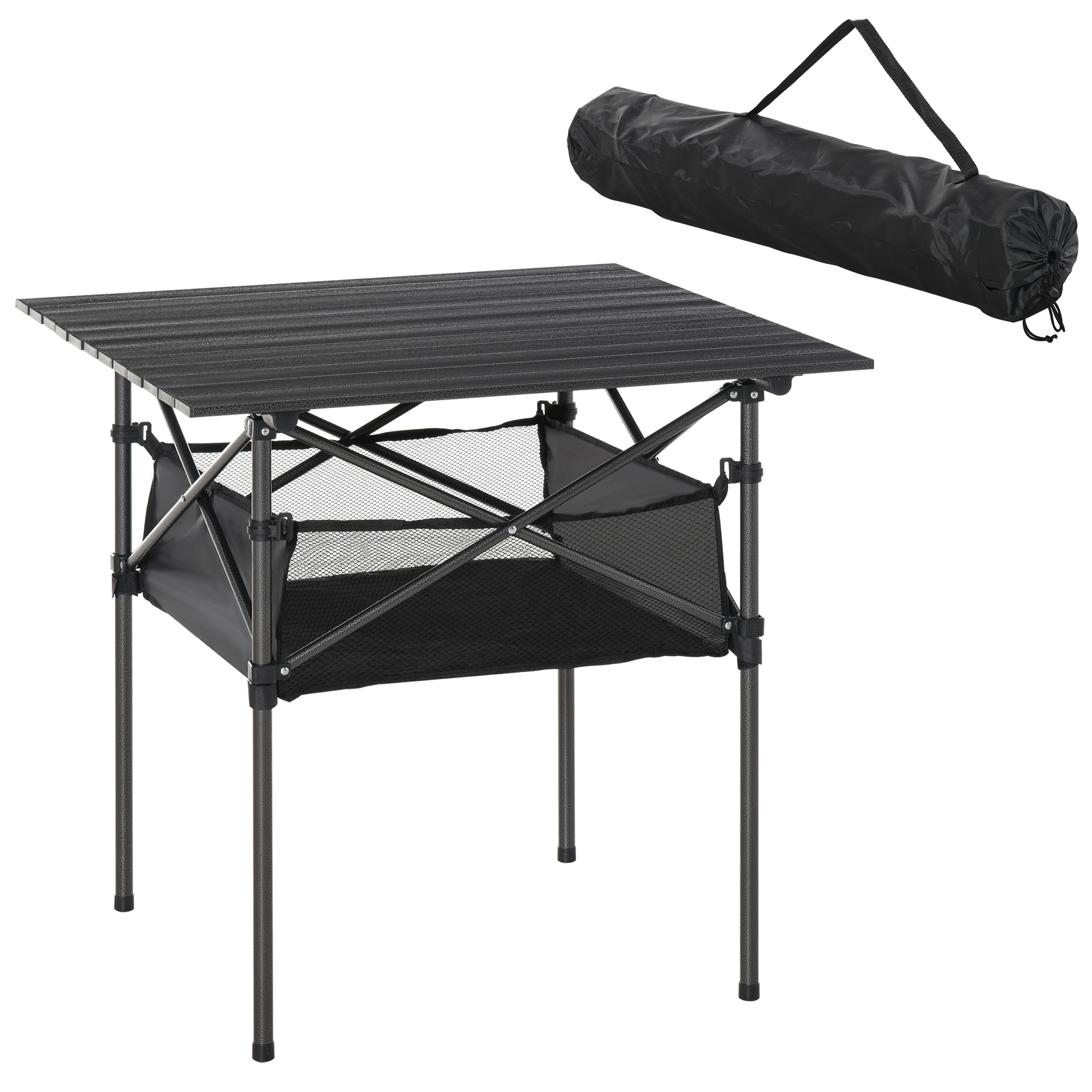 Outsunny Tavolo da Campeggio Picnic Pieghevole, Salvaspazio e Arrotolabile con Borsa da Viaggio, Nero 70x70x69cm Aosom
