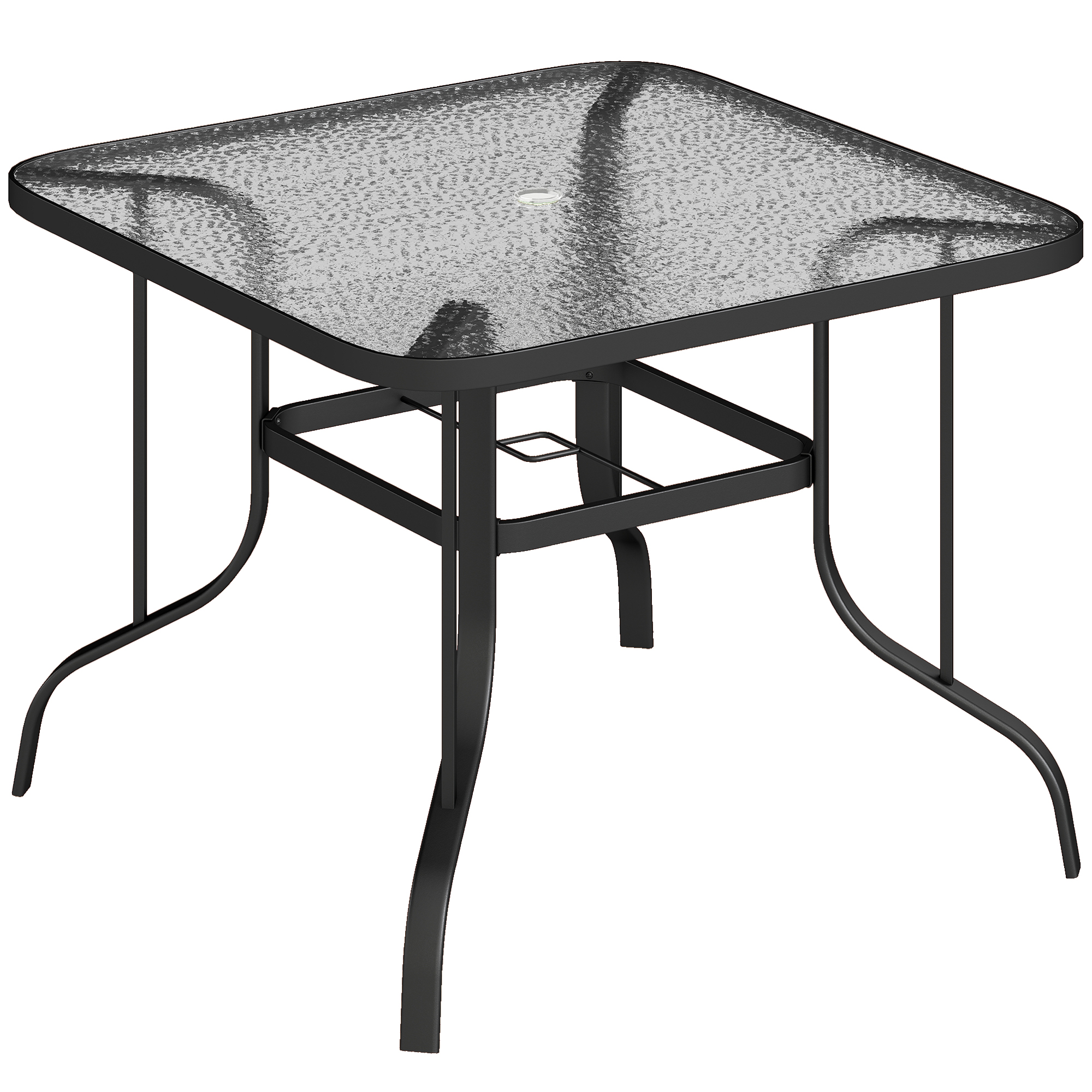 Outsunny Tavolo da Giardino Quadrato a 4 Posti con Piano in Vetro e Foro per Ombrellone Ø54 mm, Nero Outsunny Tavolo da Giardino Quadrato a 4 Posti con Piano in Vetro e Foro per Ombrellone Ø54 mm, Nero