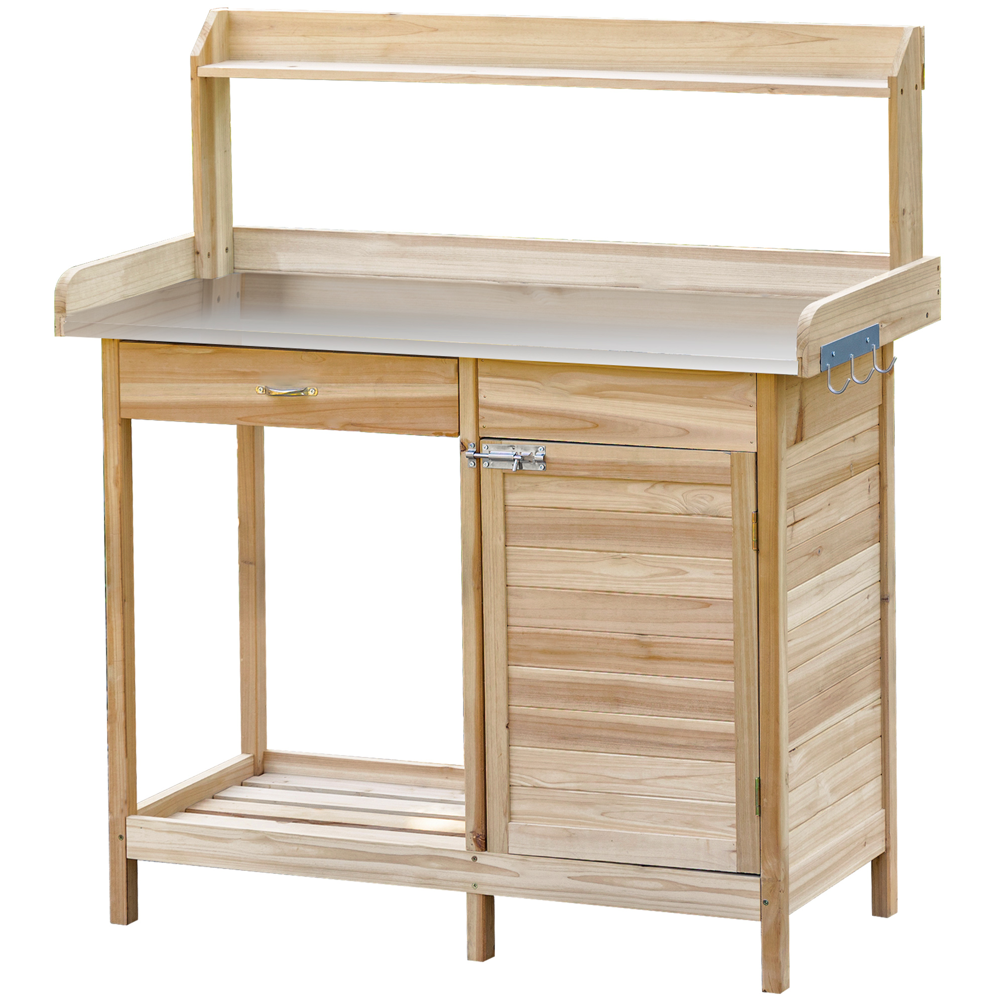 Outsunny Tavolo da lavoro per piante con piano zincato, tavolo da giardinaggio con cassetto e armadietto, legno massiccio, naturale, 112 x 48 x 125 cm Aosom Italy