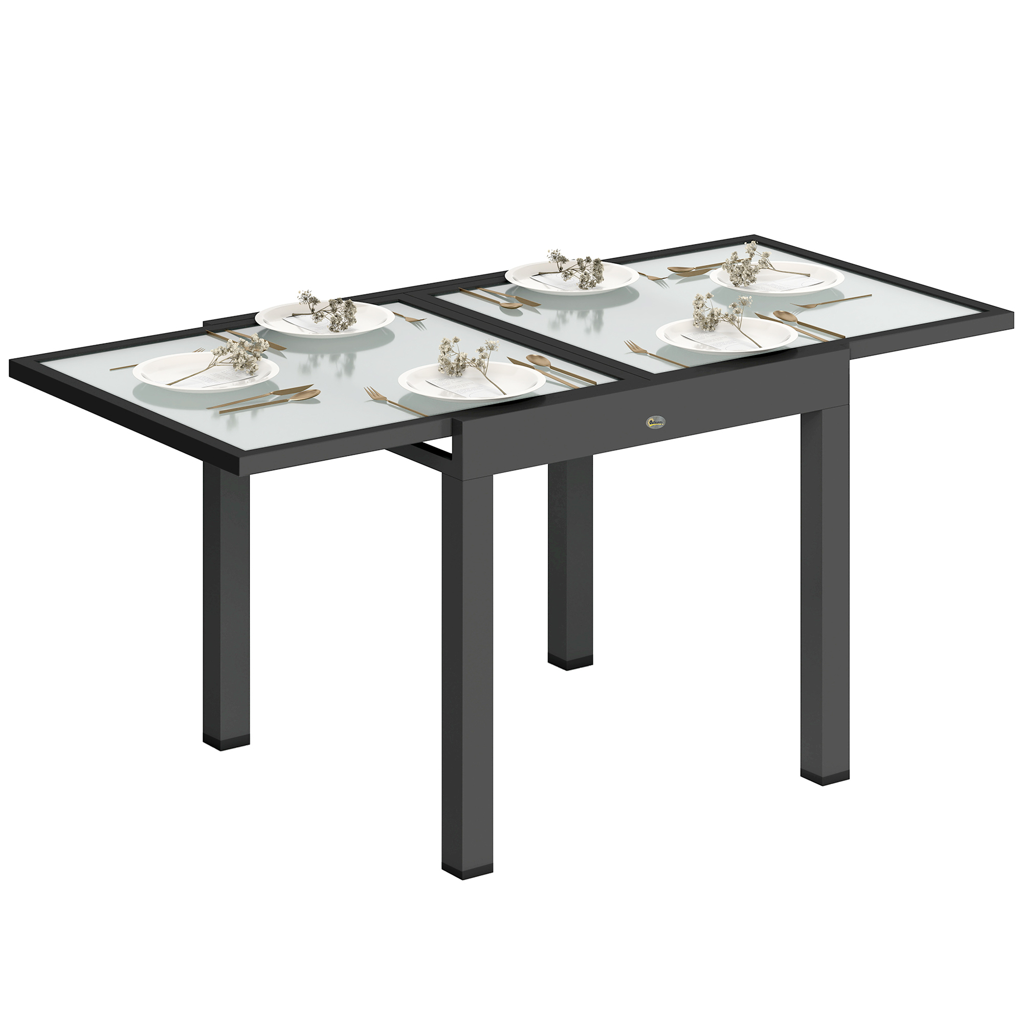 Outsunny Tavolo da Pranzo Allungabile da Giardino con Piano in Vetro e Alluminio, 80-160x80x75 cm, Nero e Trasparente Aosom Italy