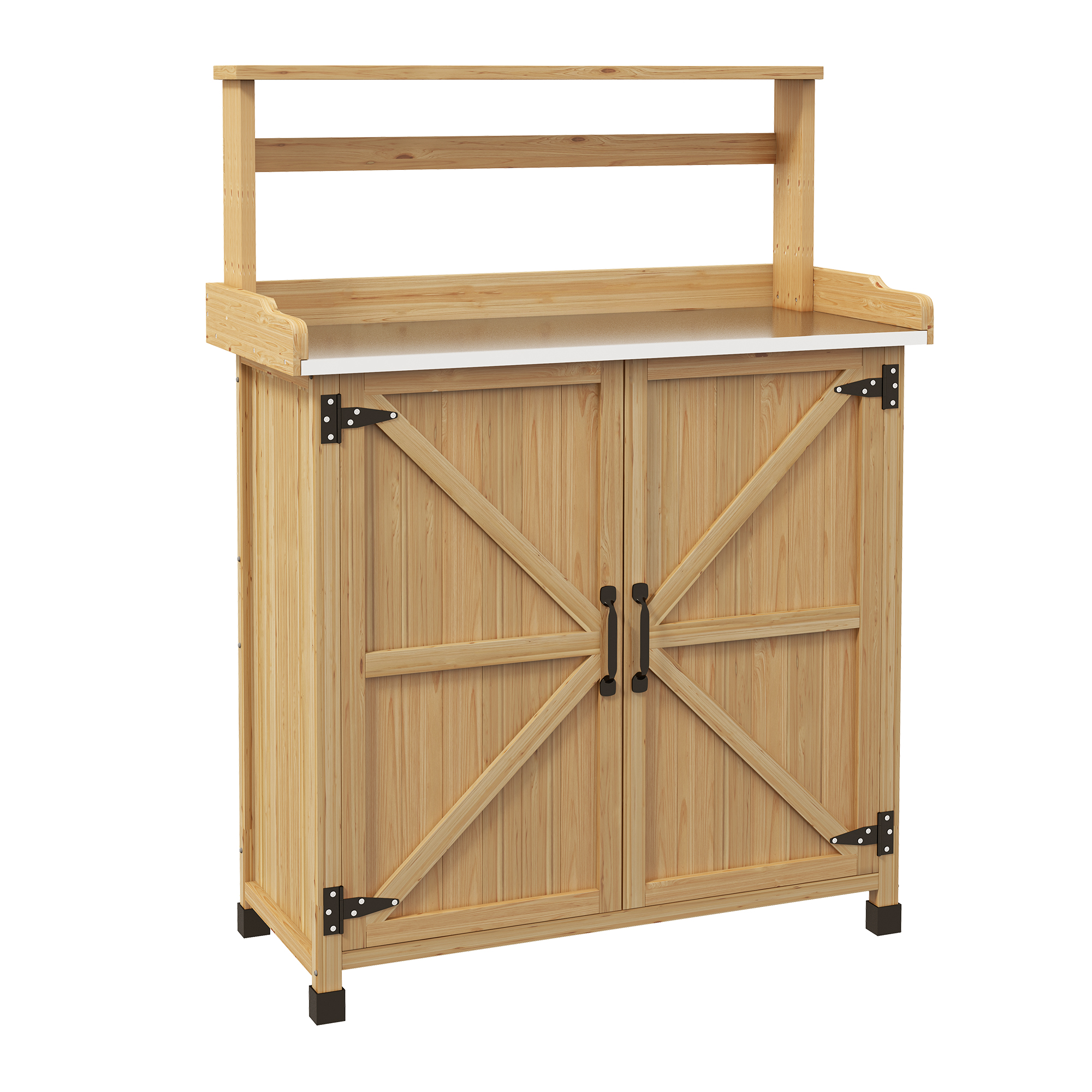 Outsunny Tavolo da trapianto tavolo da giardino con armadio e scaffali e piano piedini antiscivoli in legno abete giallo