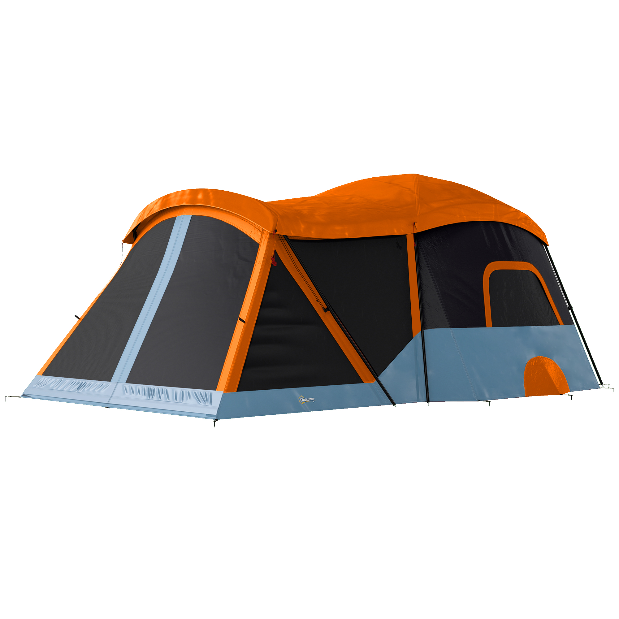 Outsunny Tenda a Tunnel per 4 Persone, Tenda Familiare con Area Notte e Soggiorno, Lucernari e Telo per il Pavimento, 3000 mm di Colonna d'Acqua, Arancione e Blu Aosom Italy