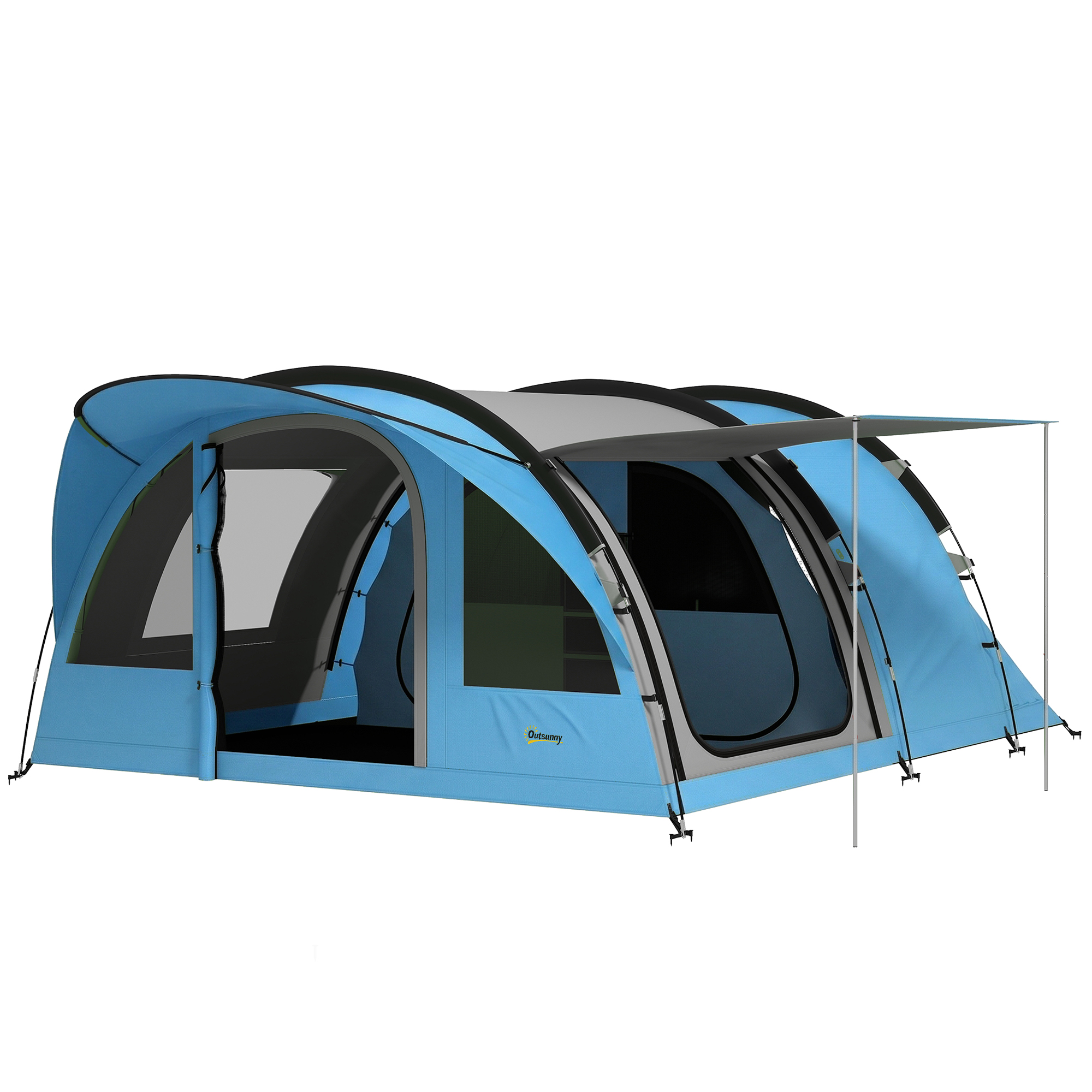 Outsunny Tenda Campeggio a Tunnel per 2-4 Persone Alta 200cm con 2 Stanze, Impermeabile 3000mm per Trekking, Azzurro Aosom Italy