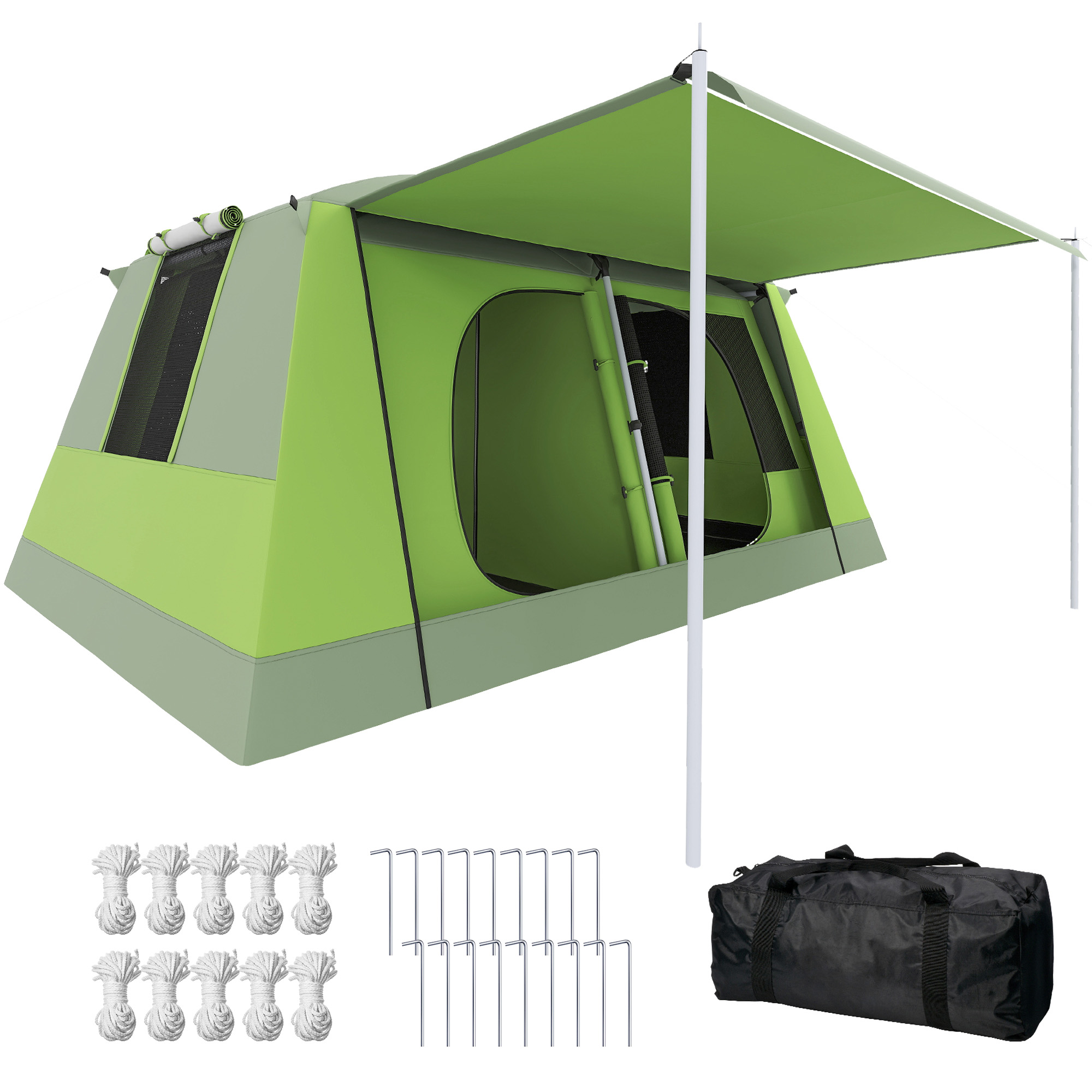 Outsunny Tenda da Campeggio a Tunnel per 4 Persone con 2 Stanze, Tenda Campeggio Familiare Impermeabile 3000mm con Porta, Finestre Laterali e Tasche, 405x305x225cm, Verde Aosom Italy
