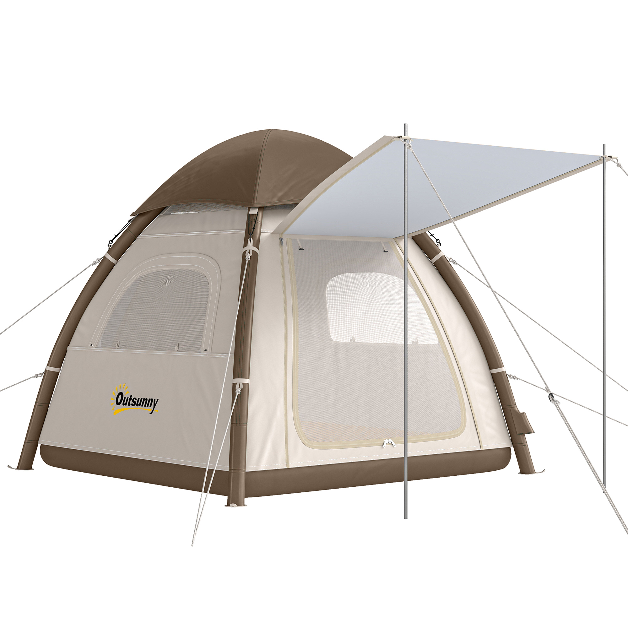 Outsunny Tenda Gonfiabile 3 Persone, Montaggio Rapido, Tenda da Campeggio Esterna con Pompa, Finestre a Rete e Tetto Rimovibile, Bianco Crema Aosom Italy