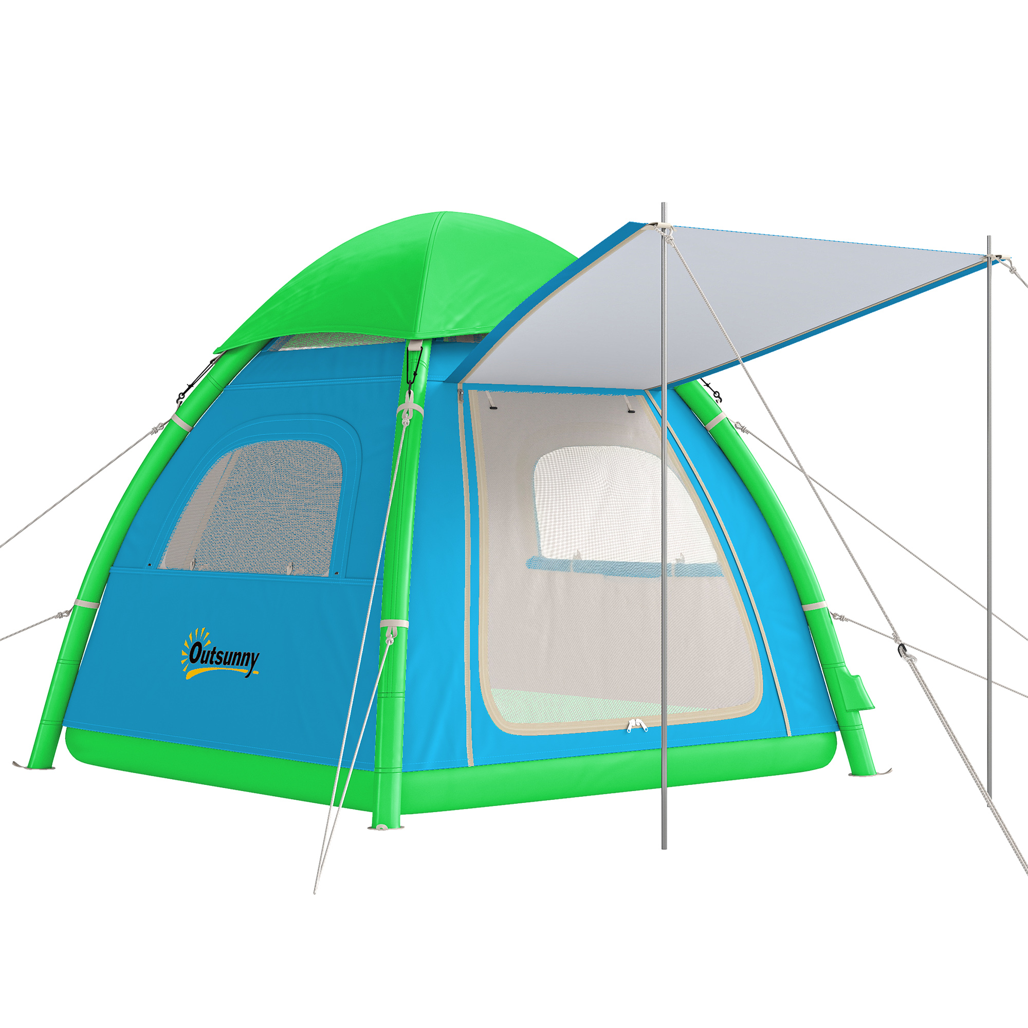 Outsunny Tenda Gonfiabile 3 Persone, Montaggio Rapido, Tenda da Campeggio Esterna con Pompa, Finestre a Rete e Tetto Rimovibile, Azzurro Chiaro Aosom Italy