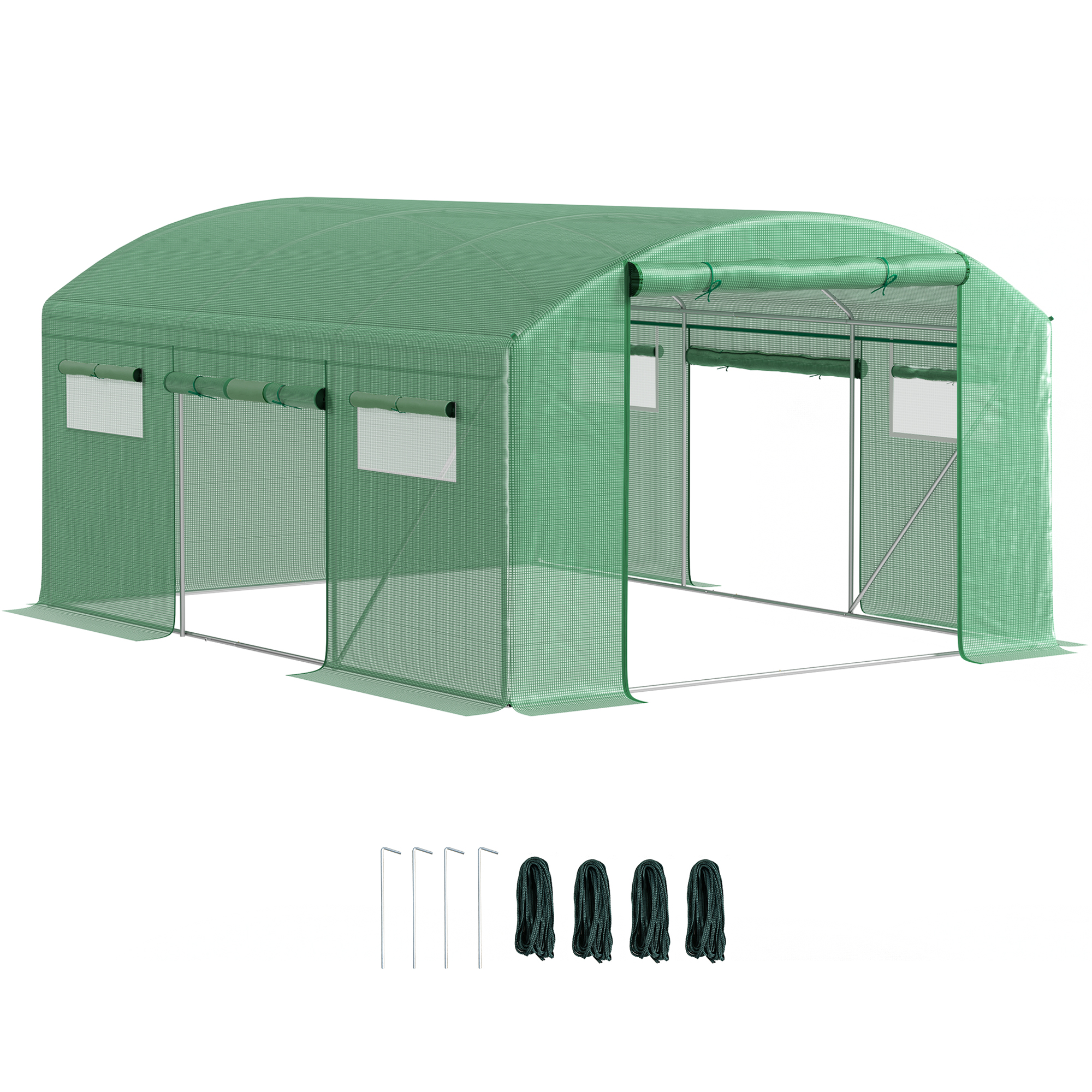Outsunny Tunnel di Coltivazione 4x3x2 m con 6 Finestre 3 Porte Avvolgibili Copertura in PE e Struttura in Acciaio Zincato Verde Aosom Italy
