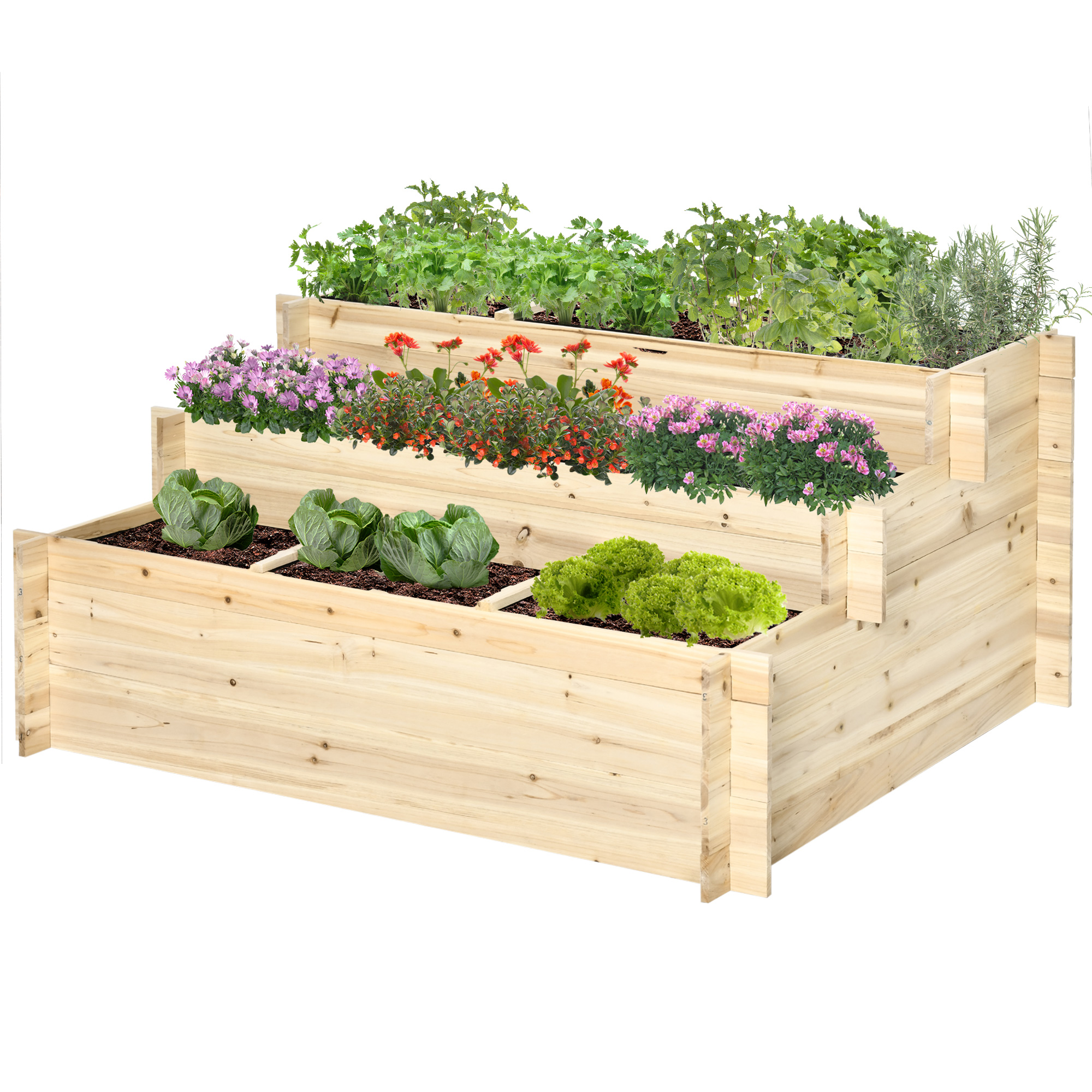 Outsunny Vaso a 3 livelli da giardino su piedi con 9 compartimenti, in legno di abete e tessuto, 117 x 100 x 54 cm, naturale Aosom Italy
