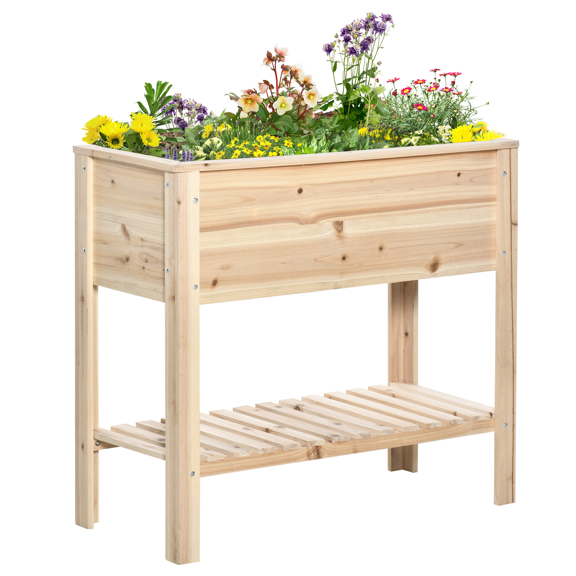 Outsunny Vaso da Giardino su Piedi con Ripiano a Doghe 90 x 40 x 81 cm Inserti per l'Irrigazione, Geotessile Inclusi Legno Massello