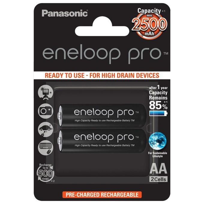 Panasonic BK-3HCDE-2BE Eneloop Pro Batterie Ricaricabili AA NiMH 2500 mAh 1,2 V 500 cicli 2 pezzi