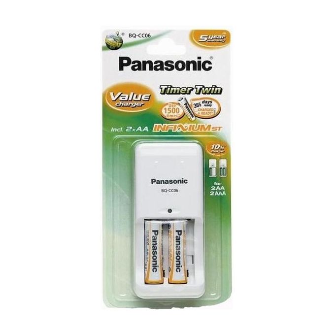 Panasonic Caricabatteria CC06 con 2 Batterie e Timer di Sicurezza, Bianco