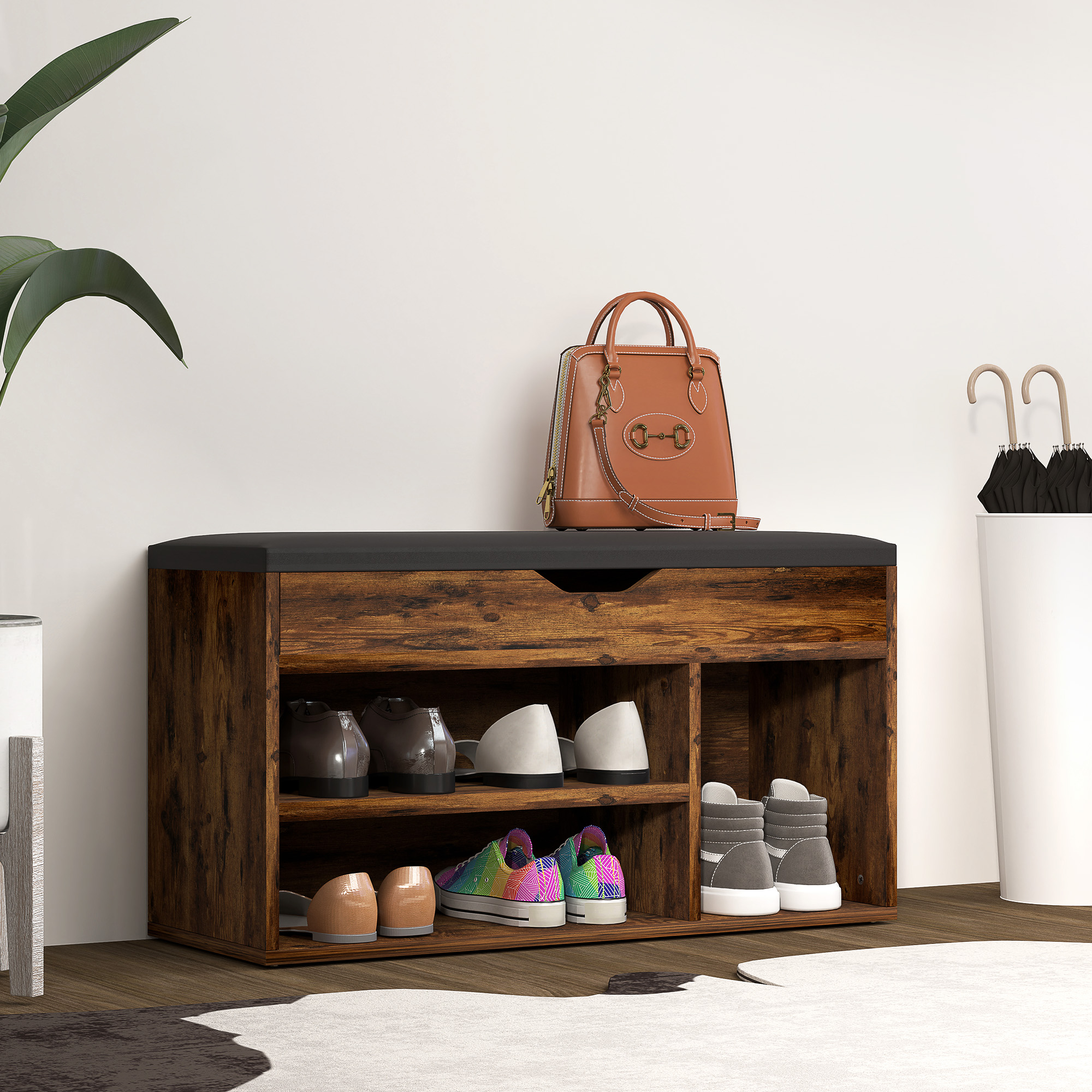 Panca porta scarpe HOMCOM con 2 livelli di contenimento, nicchia e vano portaoggetti integrato con cuscino effetto mogano