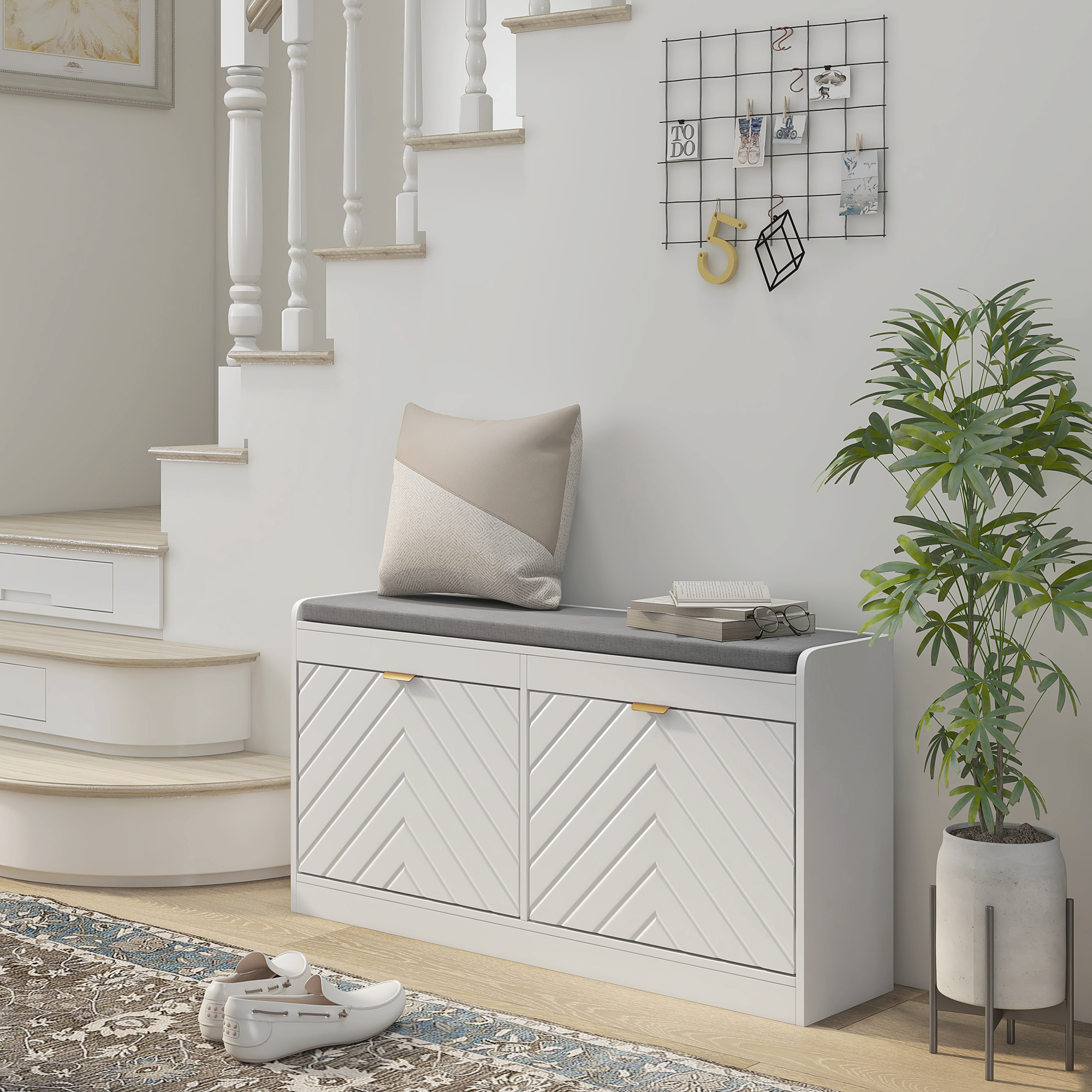 Panca porta scarpe HOMCOM con cassetto a scomparsa, imbottita, panca stretta con porta decorata con motivo a righe e ripiano regolabile per ingresso o corridoio, 106x24x cm, Bianco