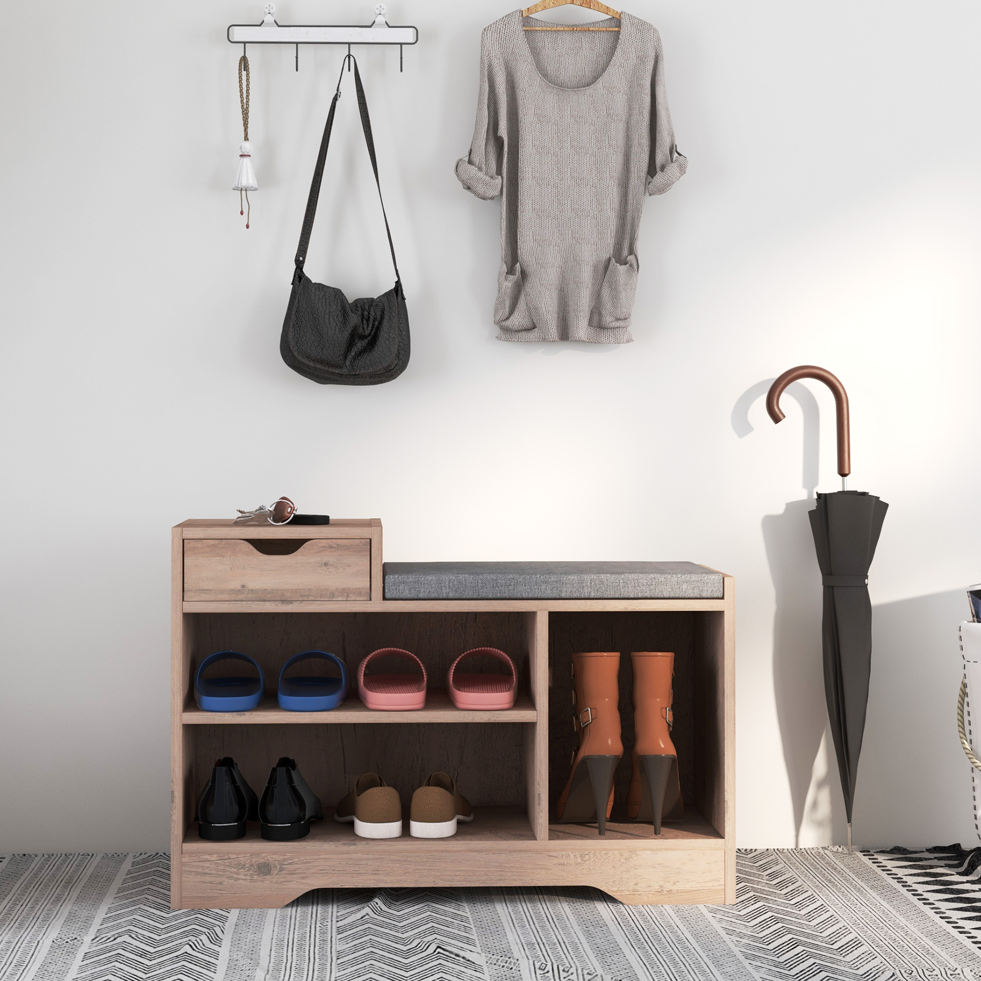 Panca porta scarpe HOMCOM, panca contenitore, cassetto 1 e 3 scomparti, mobile ingresso con cuscino imbottito, per corridoio, ingresso, camera da letto, 76,5x30x52 cm, effetto legno grigio