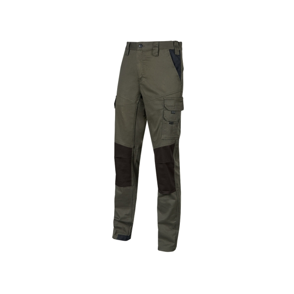 Pantaloni da lavoro Upower Majo - Taglia M - Cotone elasticizzato Design slim fit Tasche multiple Protezione lombare Dettagli rinforzati Nastro riflettente Cinturino porta martello - Verde scuro