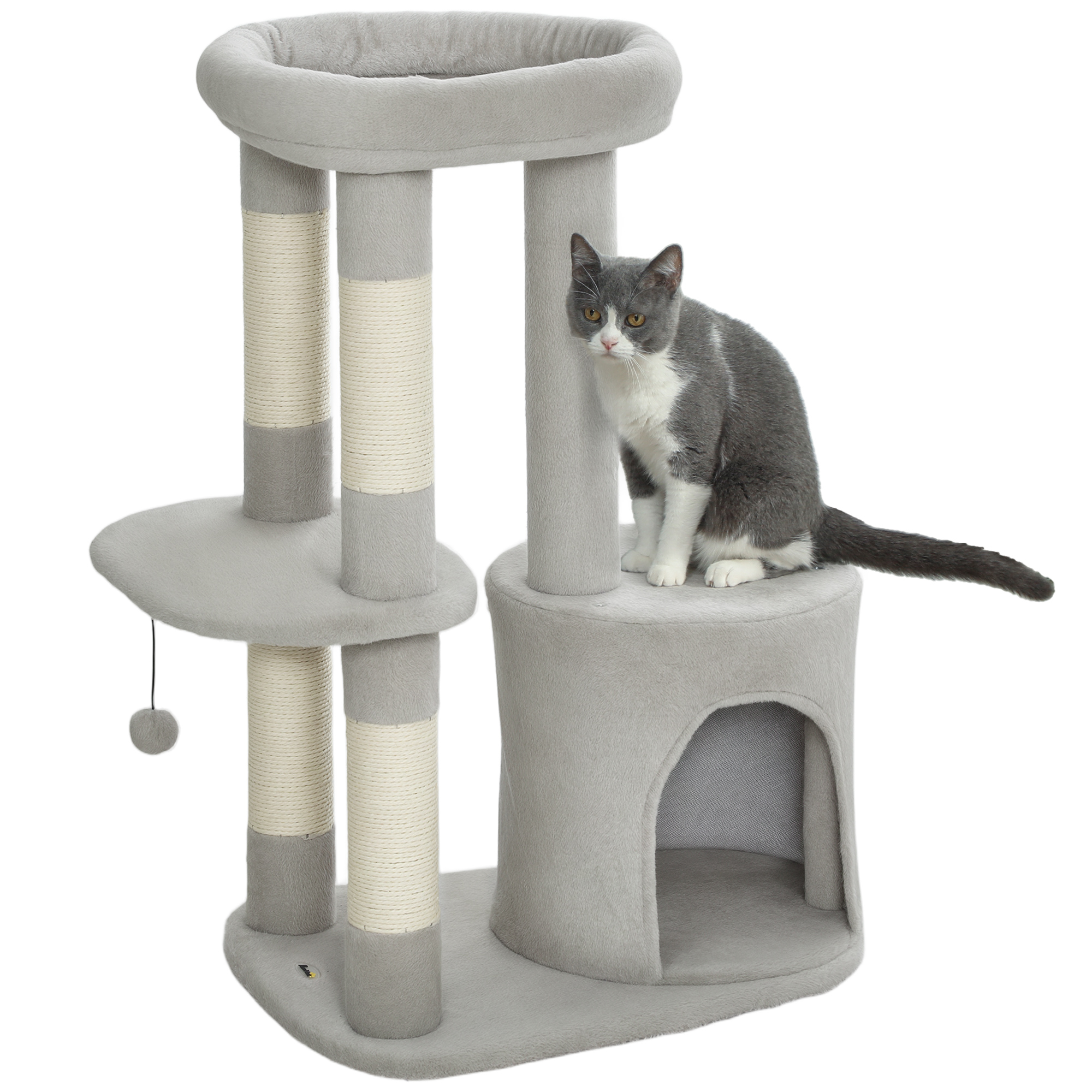 PawHut Albero per Gatti 90 cm, Torre Giochi per Gatti con Piattaforma e Cucce Piatto per gatti, nicchia, palla sospesa, tessuto in peluche, multi-livello, ideale per 1-2 gatti, grigio chiaro