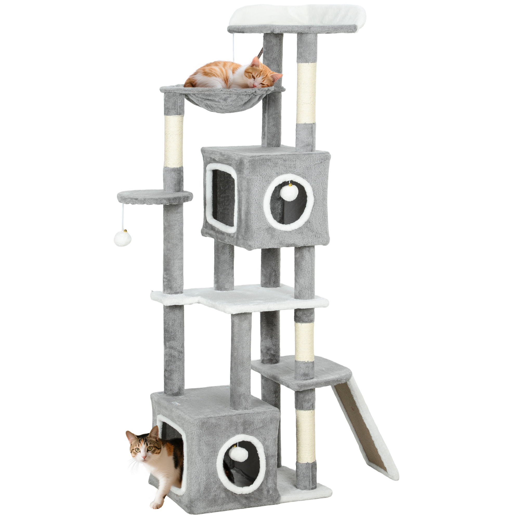Pawhut, albero per gatti alto 165 cm, con tiragraffi e pali in sisal, torre per il gioco dei gatti, centro attività con 2 letti, piattaforme, amaca, scala e 4 nappine, a più livelli, colore grigio.
