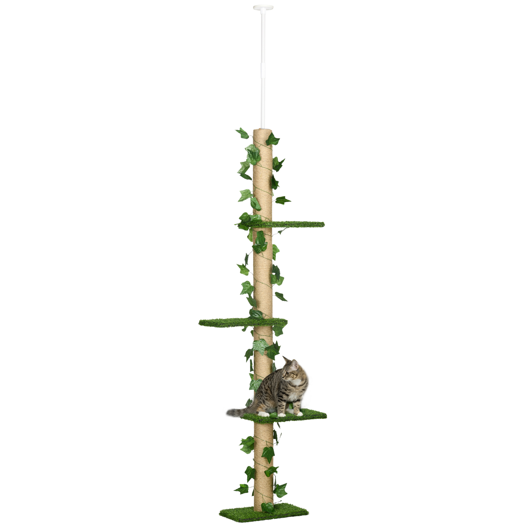 Pawhut Albero per Gatti da Pavimento a Soffitto con Tiragraffi, Montaggio a Soffitto, Altezza Regolabile 37 X 21 X 202-242 cm, 4 Livelli - Erba Artificiale e Foglie Verdi