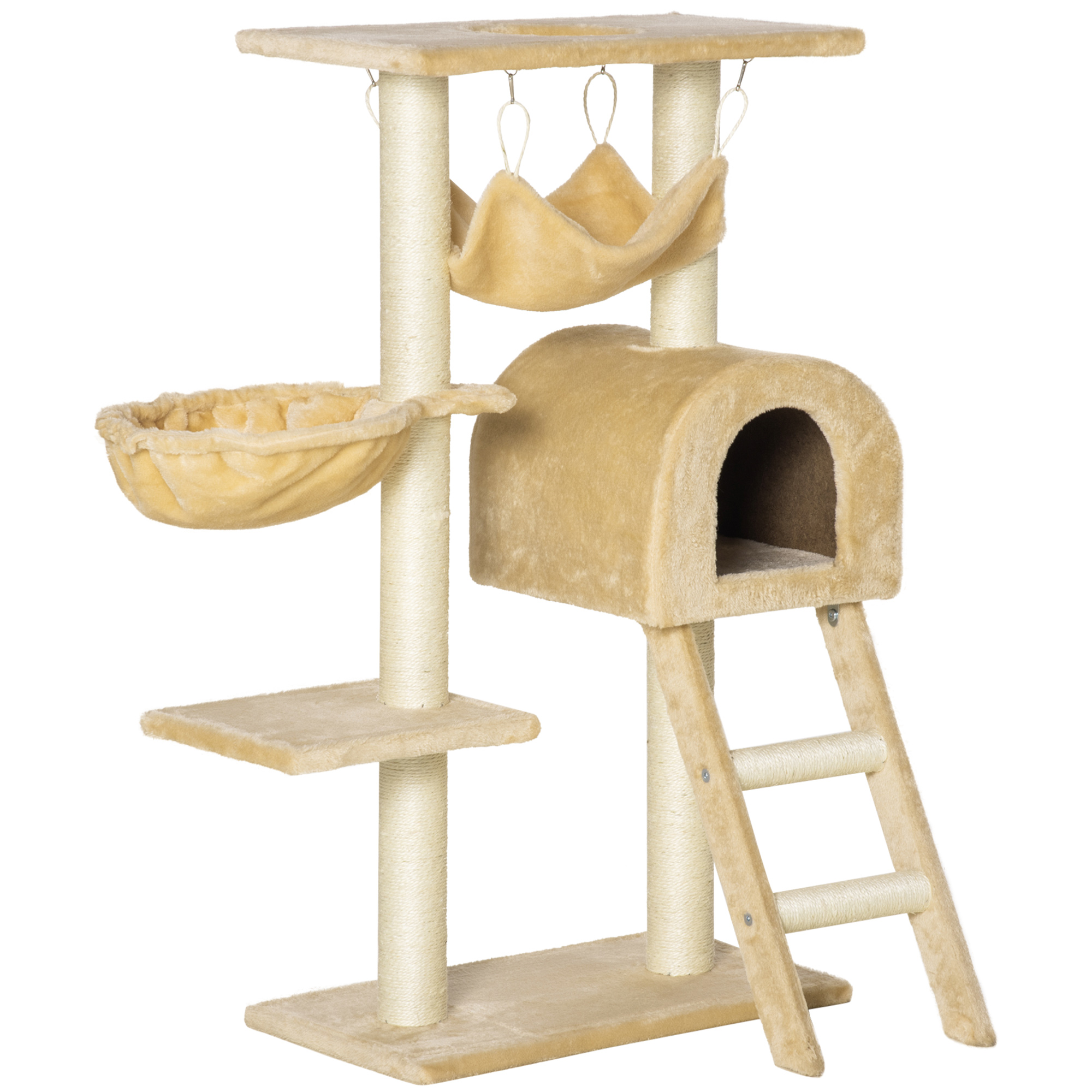 PawHut Albero Tiragraffi per Gatti Altezza 98 cm, Centro Giochi Multilivello Stabile con Nicchia, Scala, Piatto. Forma a piatto, amaca e cestino sospeso, beige