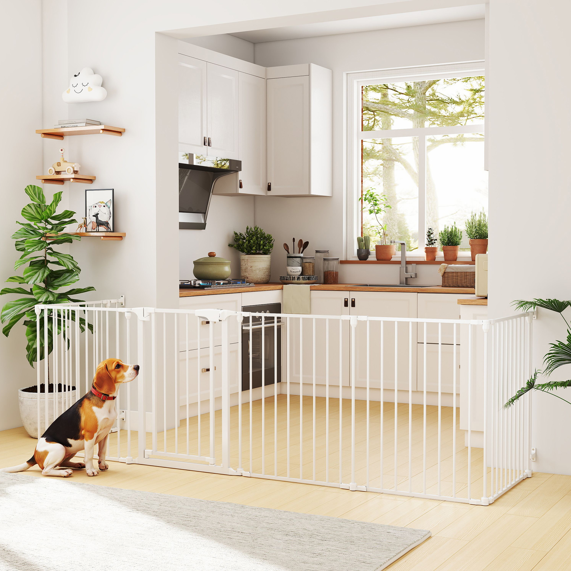 Pawhut Cancello di Sicurezza Pieghevole e Modulare da 366 cm con Doppia Porta di Chiusura, Recinto per Cani e Bambini, Protezione per Caminetto in Metallo, 6 Pannelli, Bianco