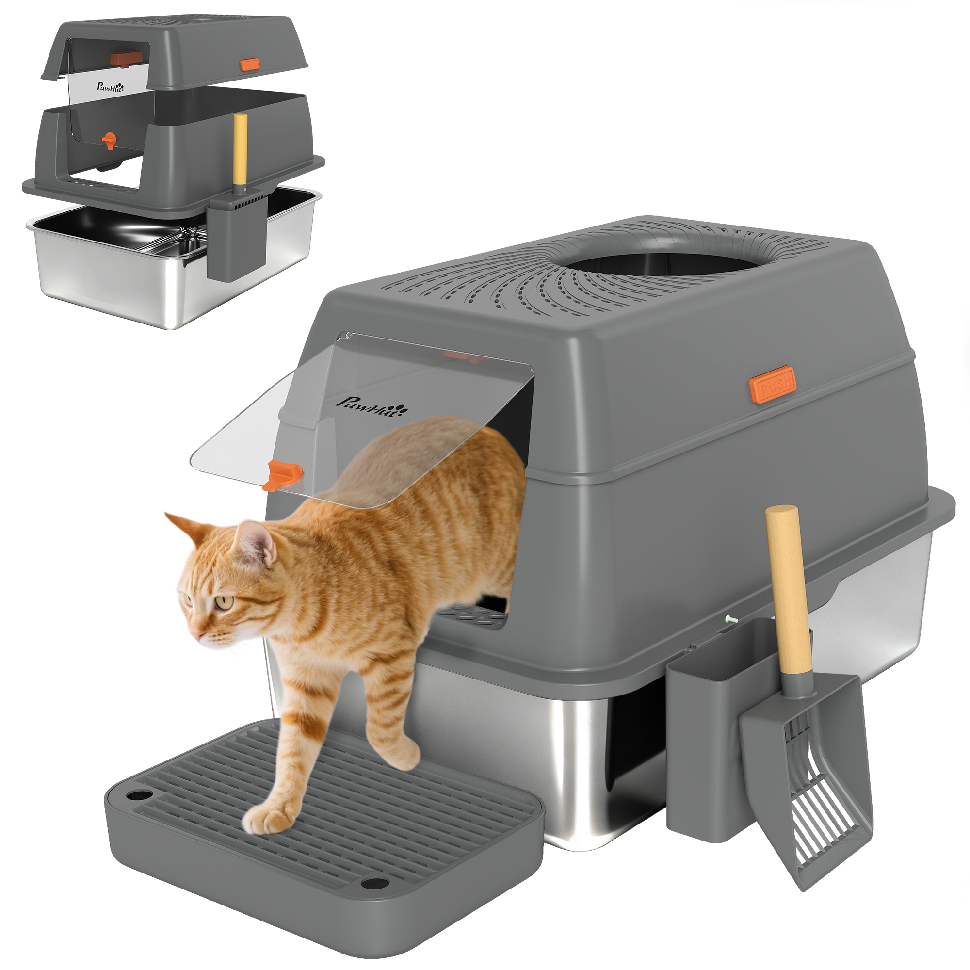 PawHut Lettiera chiusa in acciaio inossidabile, Toilette per gatti di grandi dimensioni, Facile da pulire con coperchio, anti-disperdimento, con doppio ingresso, 60x40x38 cm, Grigio scuro