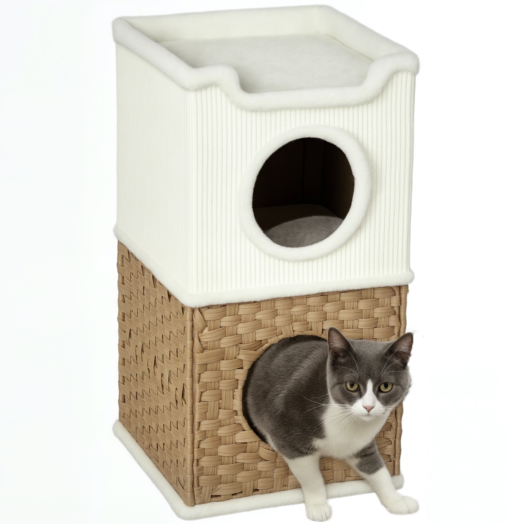 PawHut per Gatti da Interno a 3 Livelli, Cuccia con Vassoio Superiore Aperto, Bordo Raschiante in Sisal per Animali Sotto i 6 kg, 41x41x75,5 cm, Crema