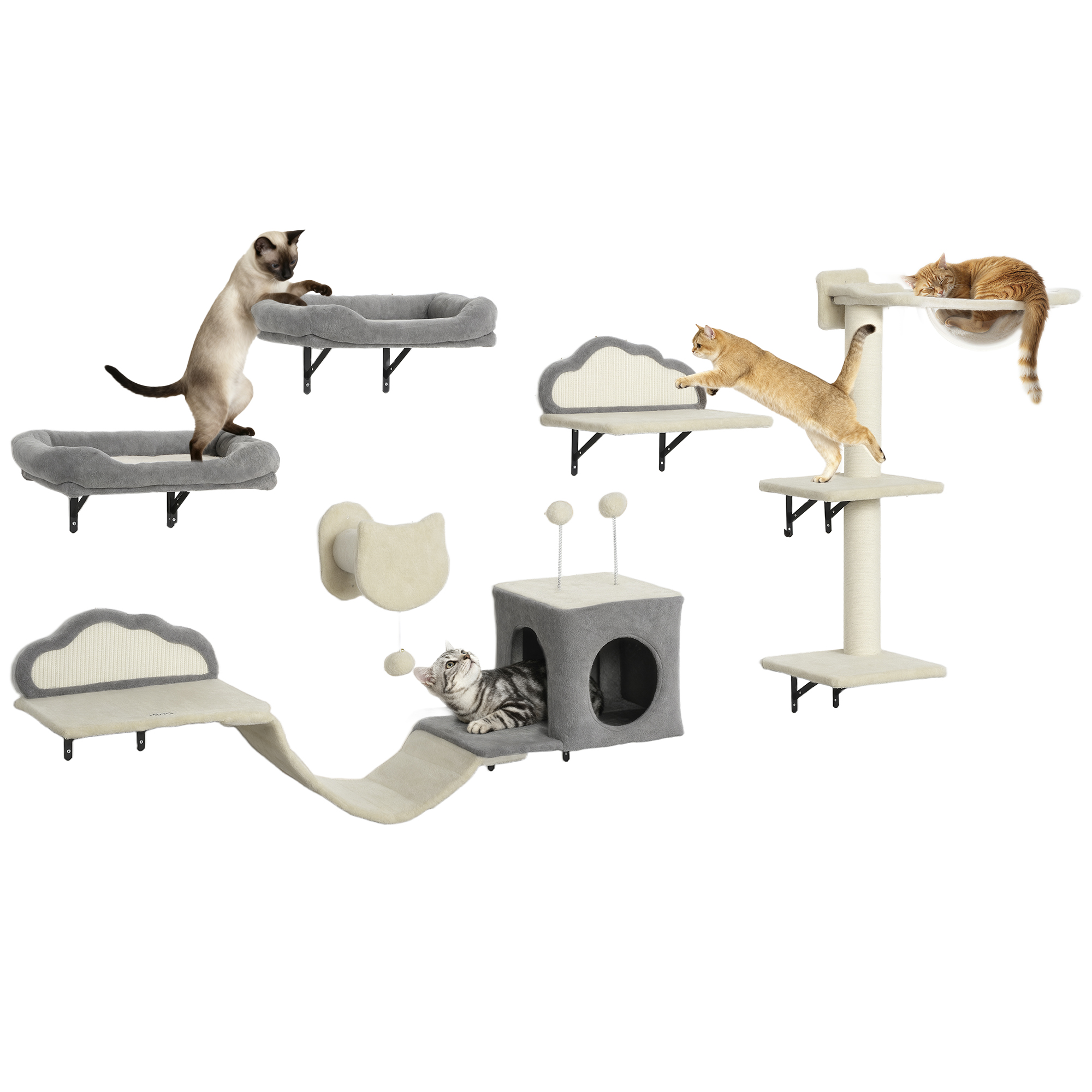 PawHut Set di 6 Pezzi per Gatti da Parete, Mobili da Parete, Amaca con Bolle in Acrilico, Nicchia, Amaca, Tiragraffi in Sisal, Struttura a Parete Stabile per Gatti da Interno, Beige