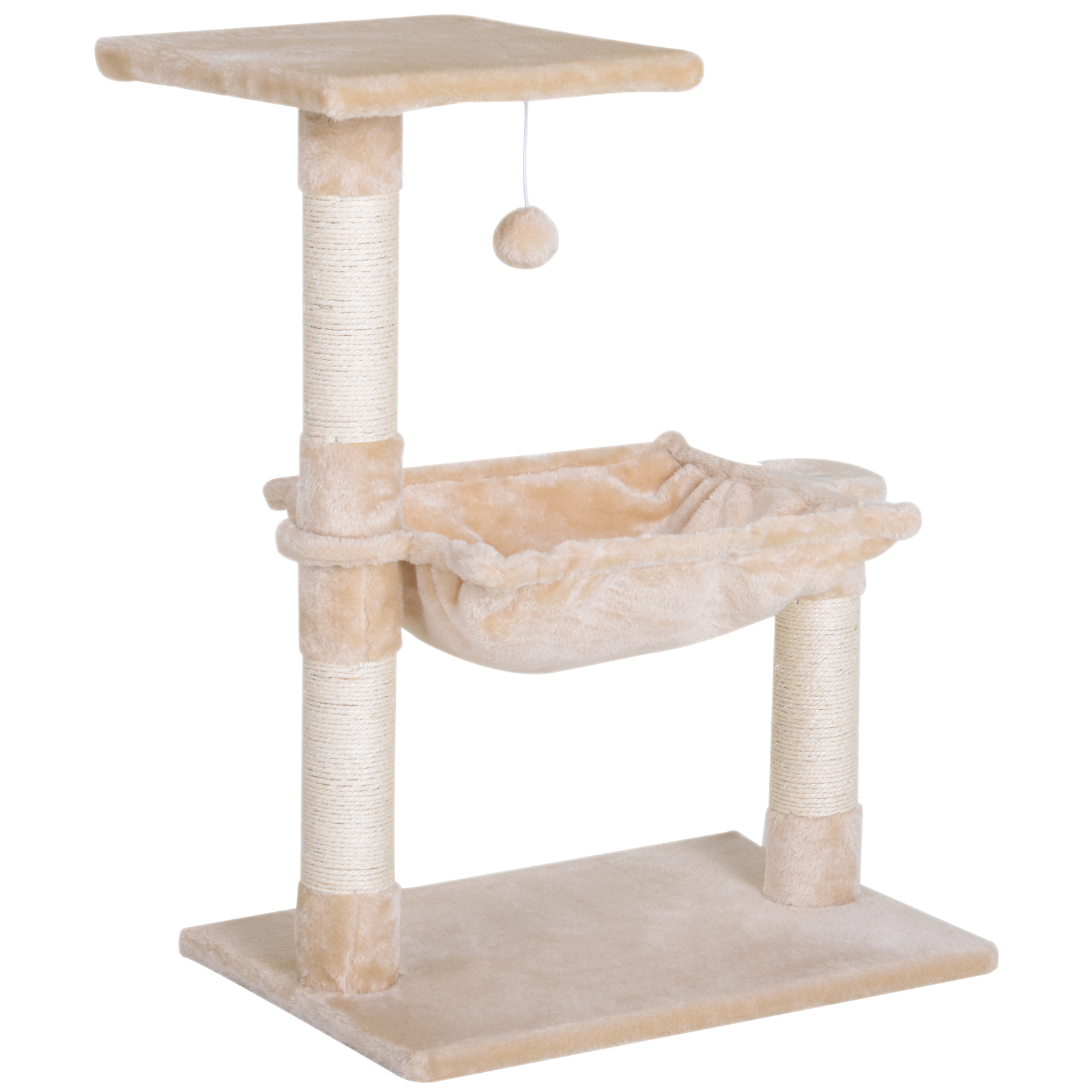 PawHut Tiragraffi per Gatti con 3 Tiragraffi in Sisal Naturale, Piattaforma Amaca e Palla Sospesa Diminutissima 50L x 36l x 70H cm Peluche corto beige