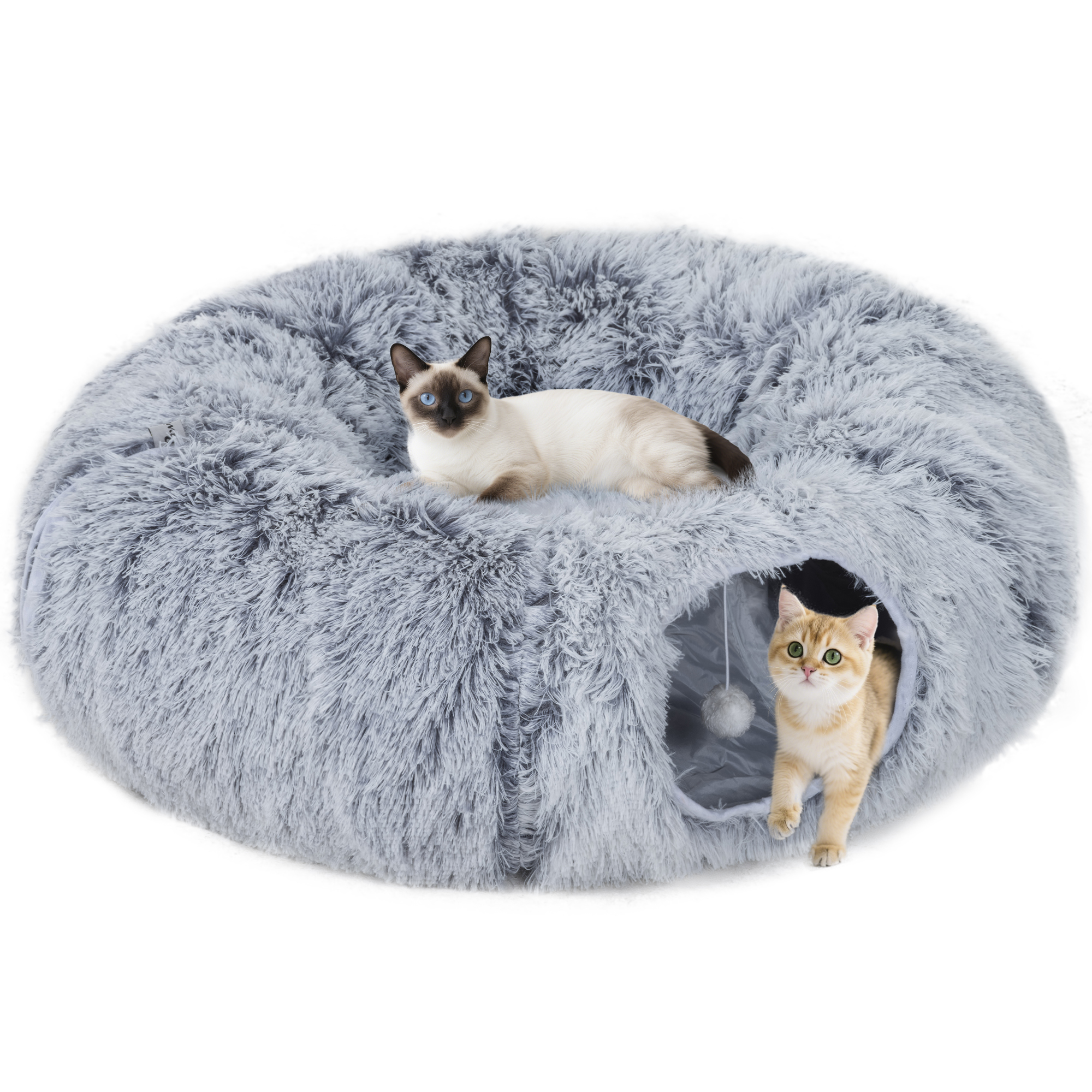 Pawhut, tunnel per gatti da interno 2 in 1, con letto per gatti rivestito in morbida pelle scamosciata, tunnel rotondo pieghevole a forma di ciambella con cuscino circolare lavabile, pallina