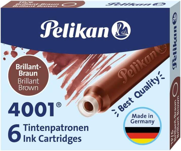 Pelikan Confezione da 6 cartucce d'inchiostro di alta qualità 4001 TP/6 - Compatibili con penne stilografiche - Marrone Pelikan Confezione da 6 cartucce d'inchiostro di alta qualità 4001 TP/6 - Compatibili con penne stilografiche - Marrone
