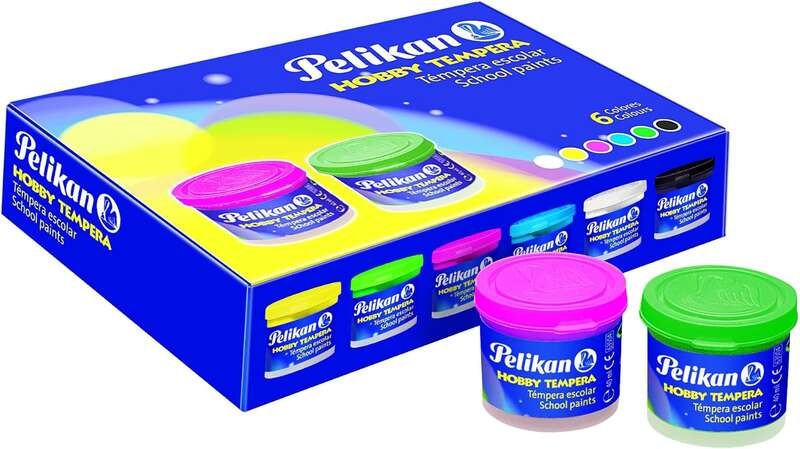 Pelikan Confezione da 6 Vasetti Tempera 40ml + Pennello - Consistenza Pastosa - Resistente Alla Luce - Colori Assortiti