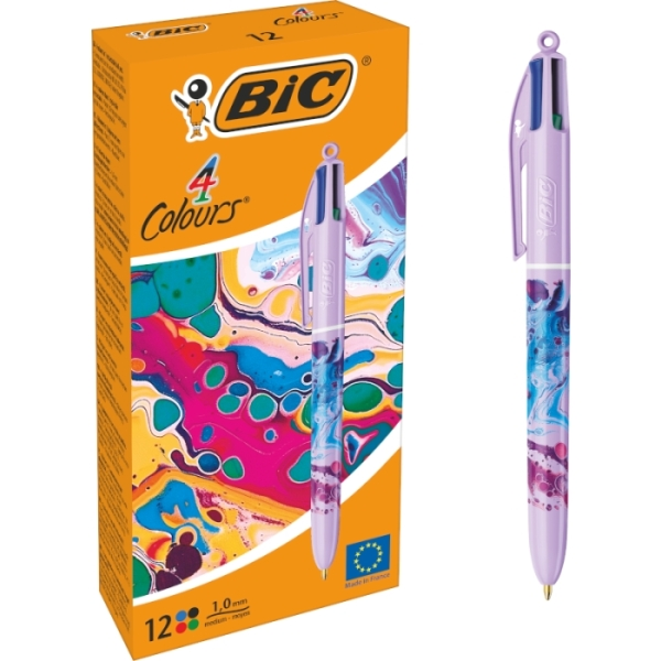 Penna a sfera a scatto Bic 4 Colours Decors Hydro - Punta media 10 mm - Inchiostro a base di olio - 4 colori Penna a sfera a scatto Bic 4 Colours Decors Hydro - Punta media 10 mm - Inchiostro a base di olio - 4 colori