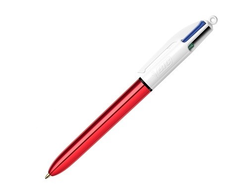 Penna a sfera a scatto Bic 4 Colours Shine - Punta da 1 mm - Corsa 04 mm - Inchiostro a base di olio - Corpo rosso metallizzato/bianco - 4 colori Penna a sfera a scatto Bic 4 Colours Shine - Punta da 1 mm - Corsa 04 mm - Inchiostro a base di olio - Corpo rosso metallizzato/bianco - 4 colori