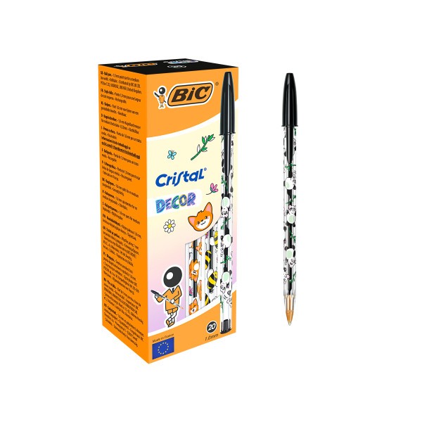 Penna a sfera Bic Cristal Decor Kawaii - Corpo trasparente con decorazioni Kawaii - Punta tonda da 1 mm - Tratto da 04 mm - Inchiostro a base d'olio - Colore inchiostro nero