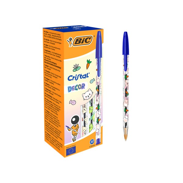 Penna a sfera Bic Cristal Decor Kawaii - Corpo trasparente con decorazioni Kawaii - Punta tonda da 1 mm - Tratto da 04 mm - Inchiostro a base d'olio - Colore inchiostro blu